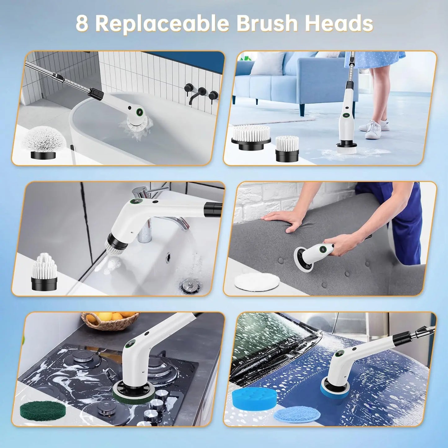 Cordless Electric Spin Scrubber with 8 Brush Heads, 2 Speeds & Adjustable Handle for Bathroom Tile Cleaning