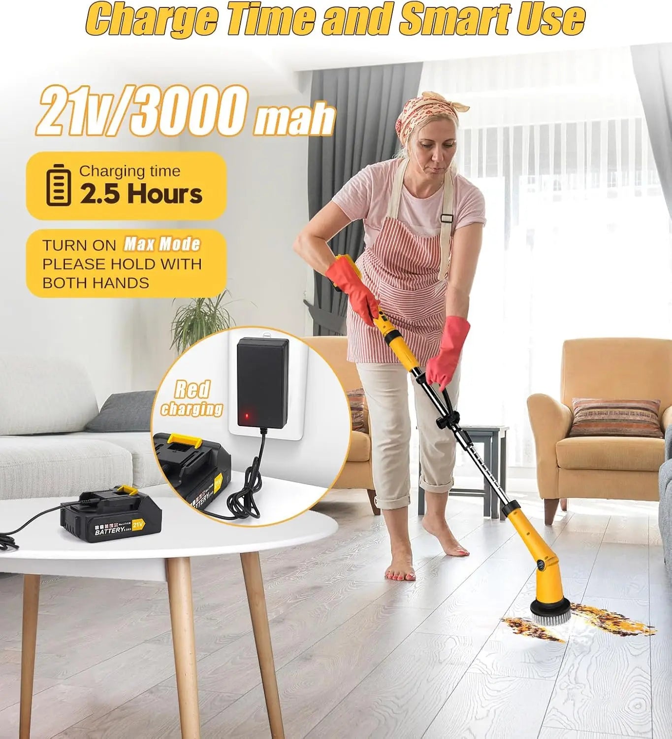 Cordless Electric Spin Scrubber For Tub Floor Tile Shower Large Brush Battery Power 6000 Mah 1200 Rpm 8 Brushes