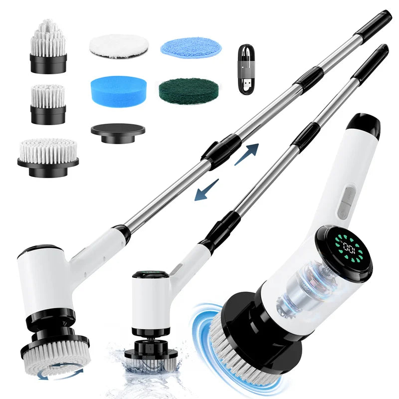 Cordless Electric Spin Scrubber with Dual Speed Settings Adjustable Detachable Handle with 7 Interchangeable Brush Head for Home