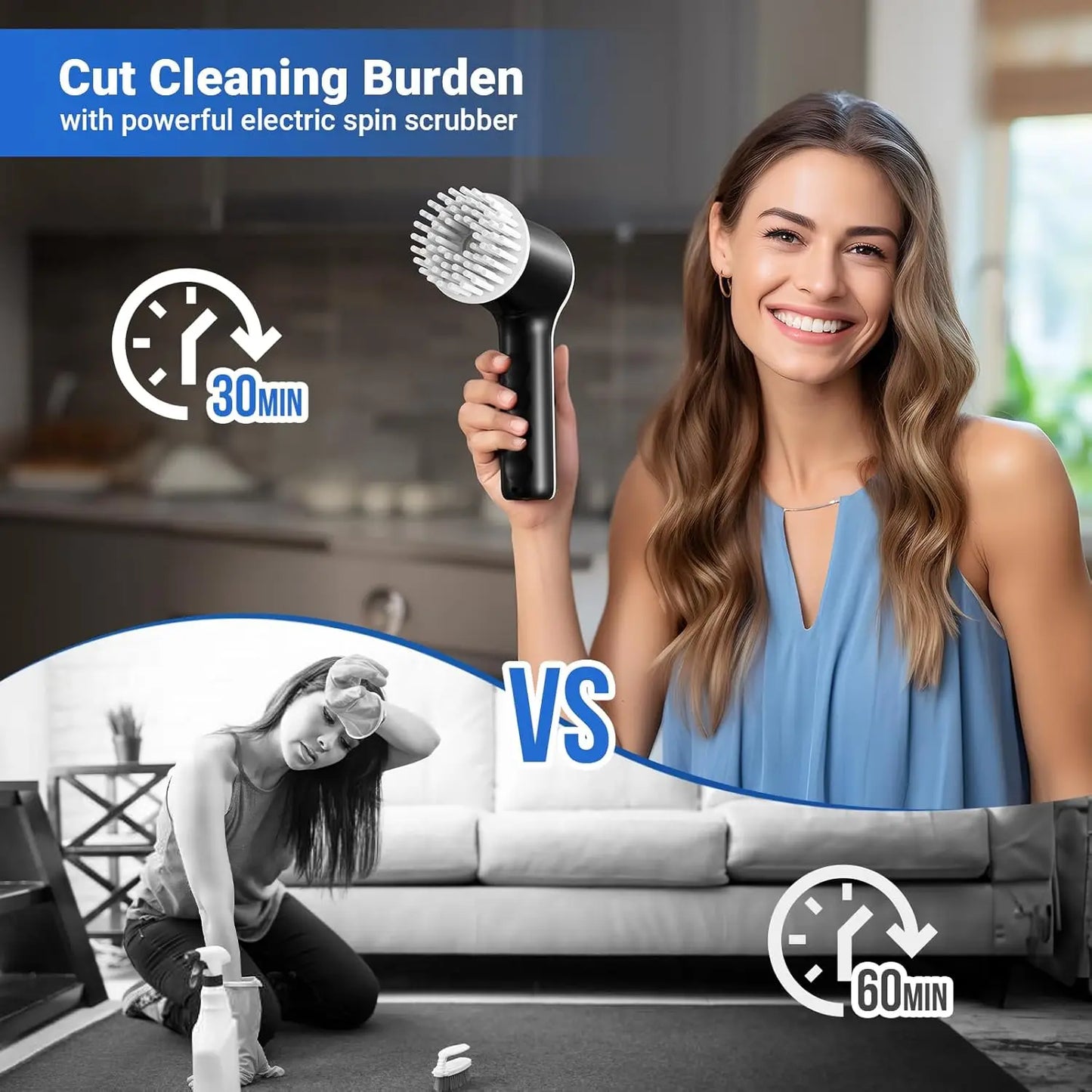 Cordless Electric Spin Scrubber with 6 Brush Heads, 2 Speeds & Battery Display for Bathroom Sink Window Cleaning