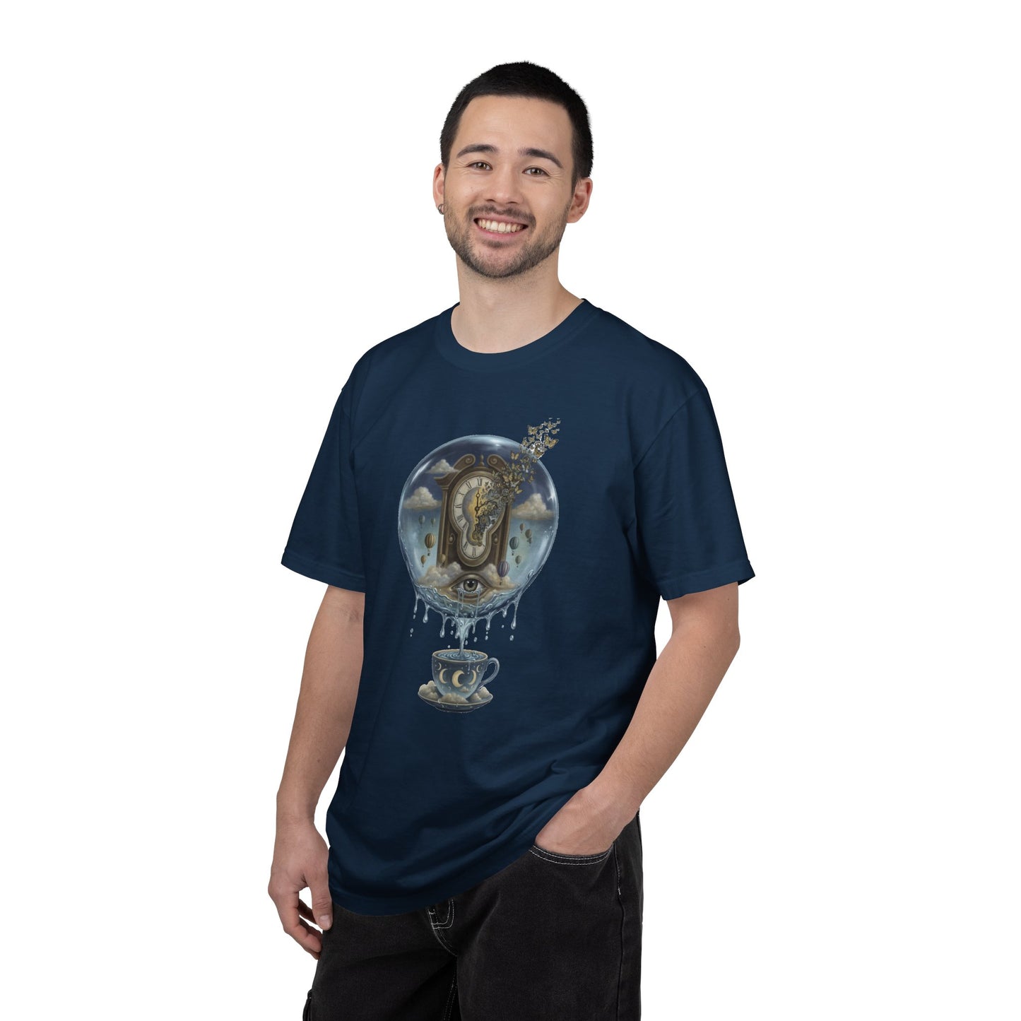 Surreal Tea Time T-Shirt — Dreamscape Cup & Floating Clock Graphic