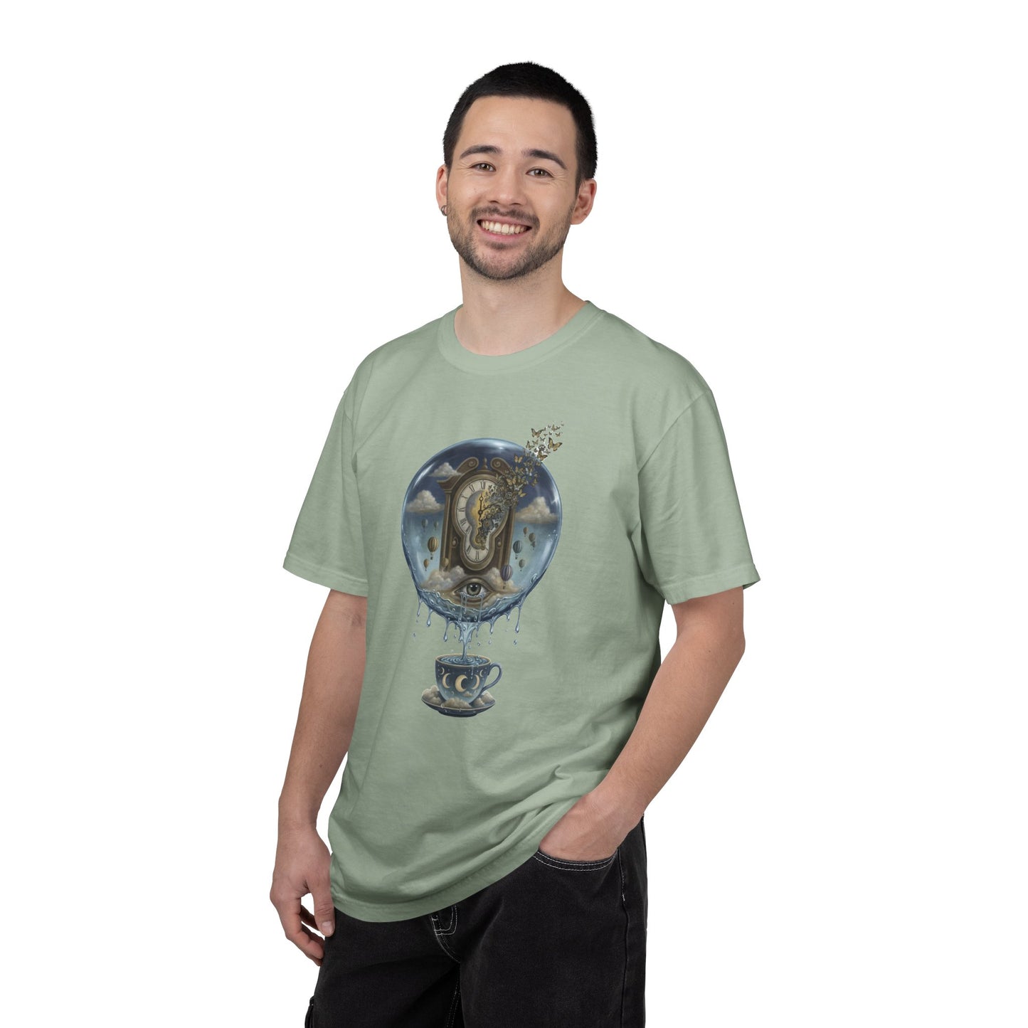 Surreal Tea Time T-Shirt — Dreamscape Cup & Floating Clock Graphic