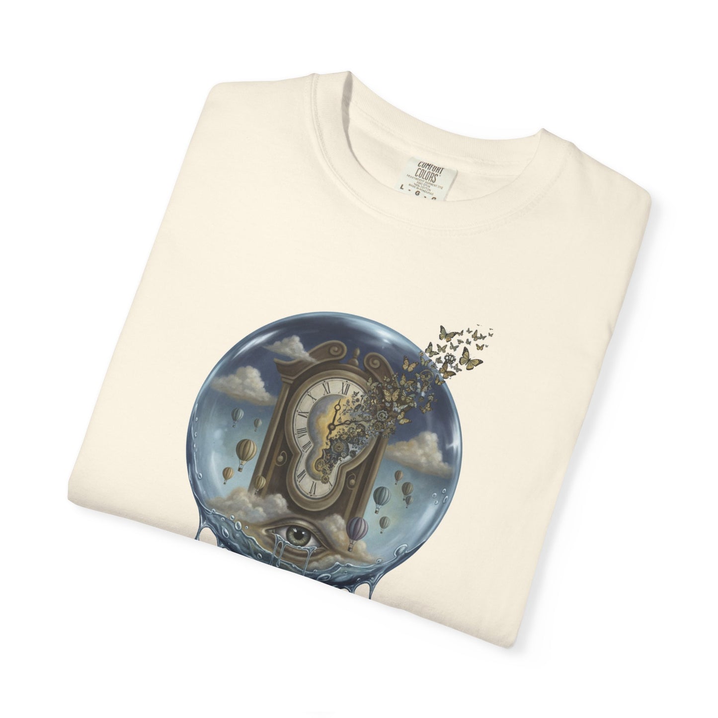 Surreal Tea Time T-Shirt — Dreamscape Cup & Floating Clock Graphic