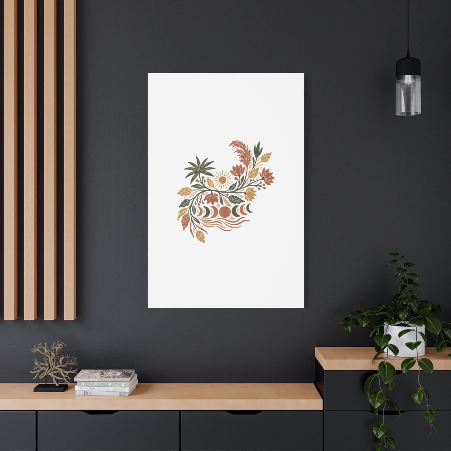 Boho Floral Moon Phase Canvas Print — Matte Stretched Wall Art