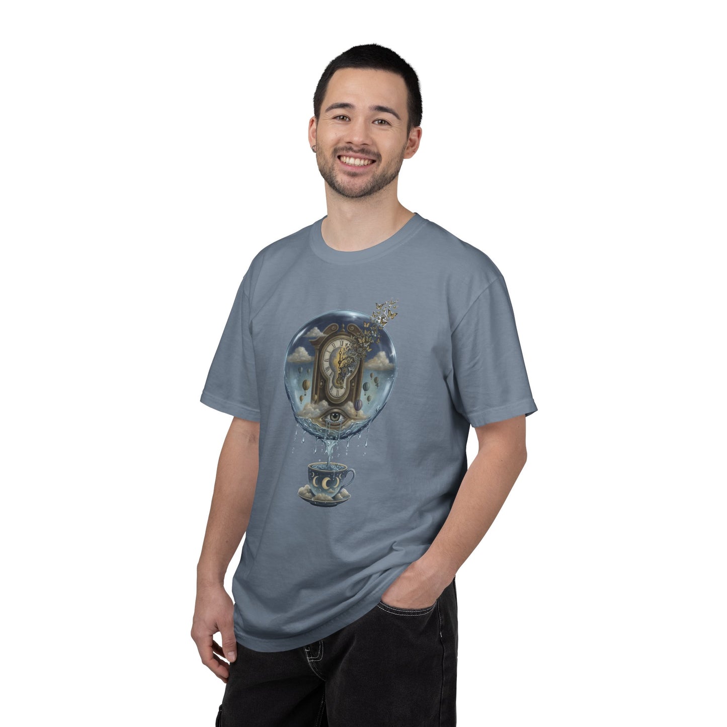Surreal Tea Time T-Shirt — Dreamscape Cup & Floating Clock Graphic