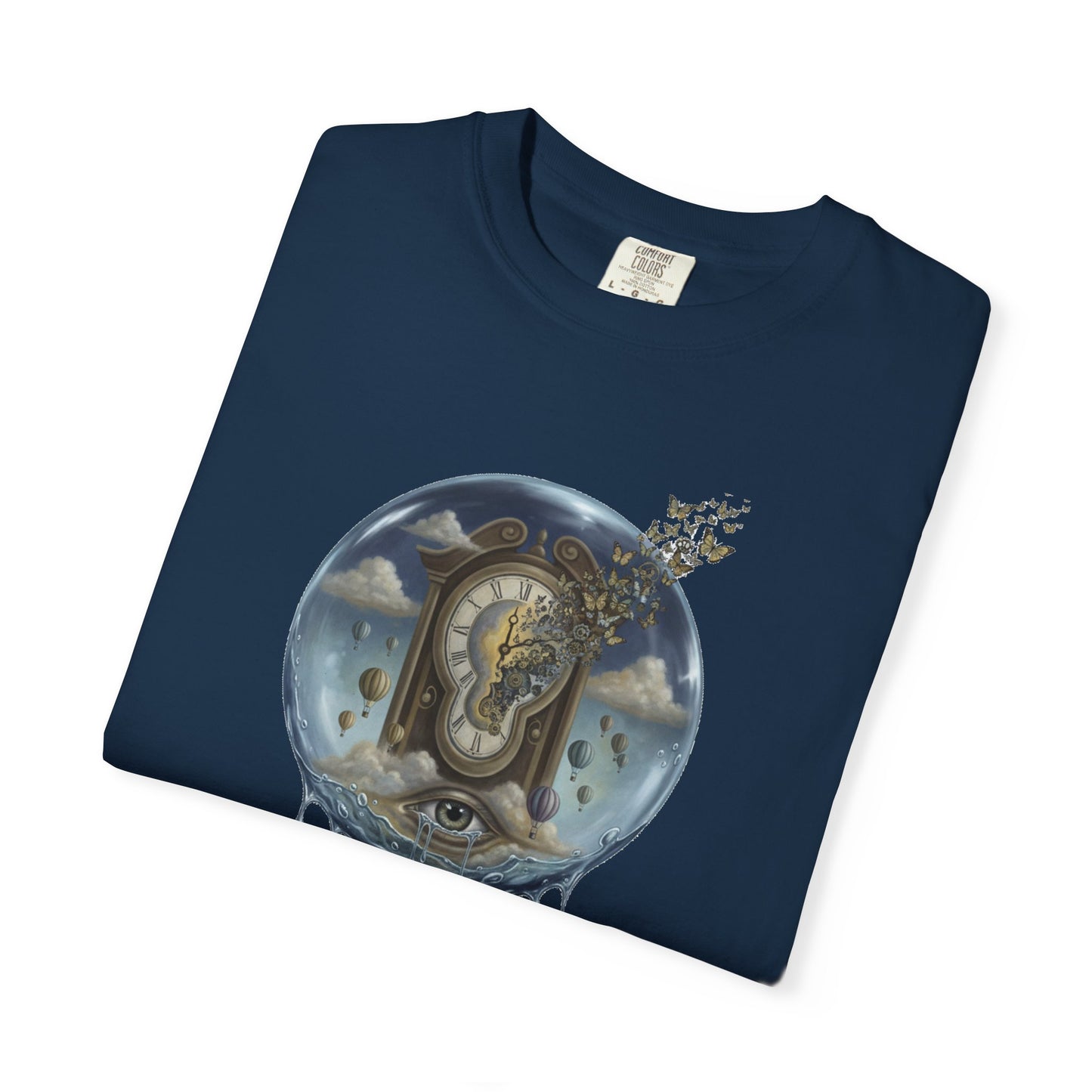 Surreal Tea Time T-Shirt — Dreamscape Cup & Floating Clock Graphic