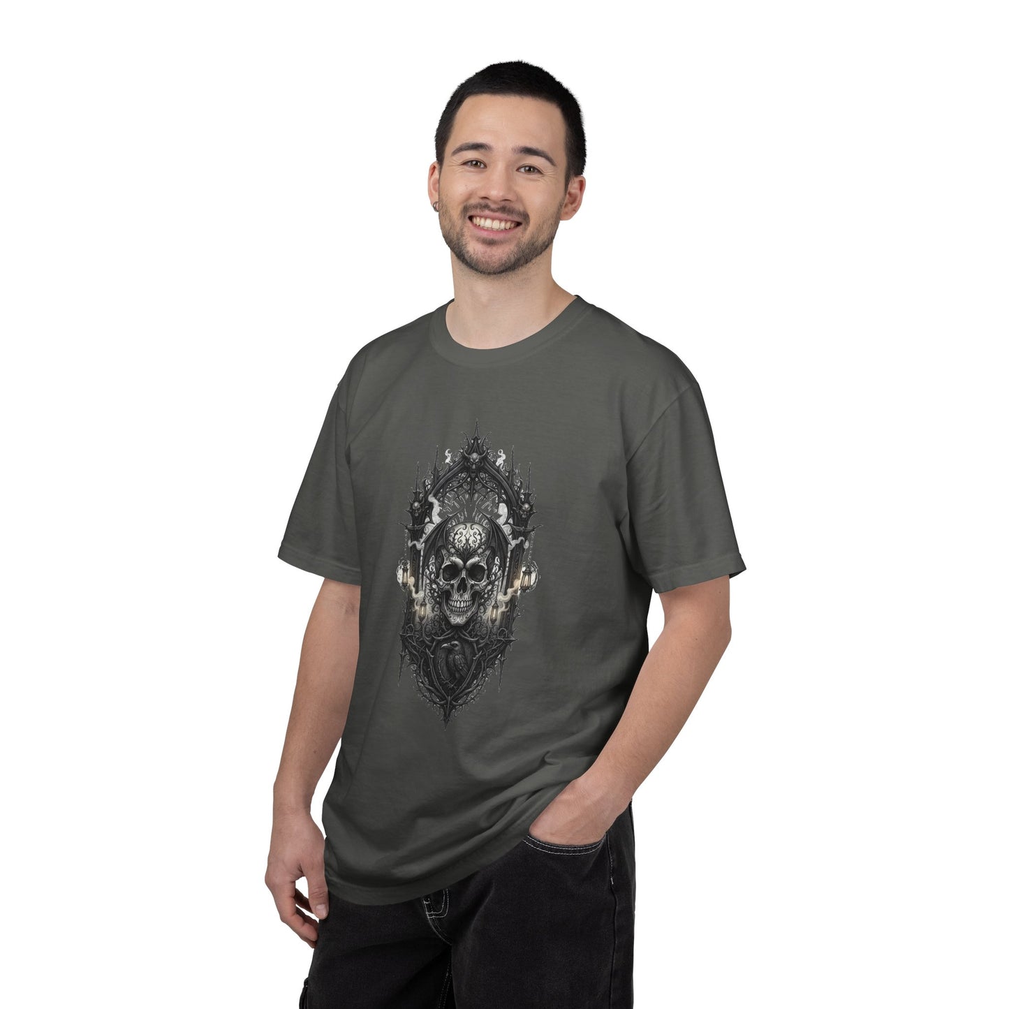 Skull Cathedral T-Shirt — Gothic Skull & Candle Graphic Tee