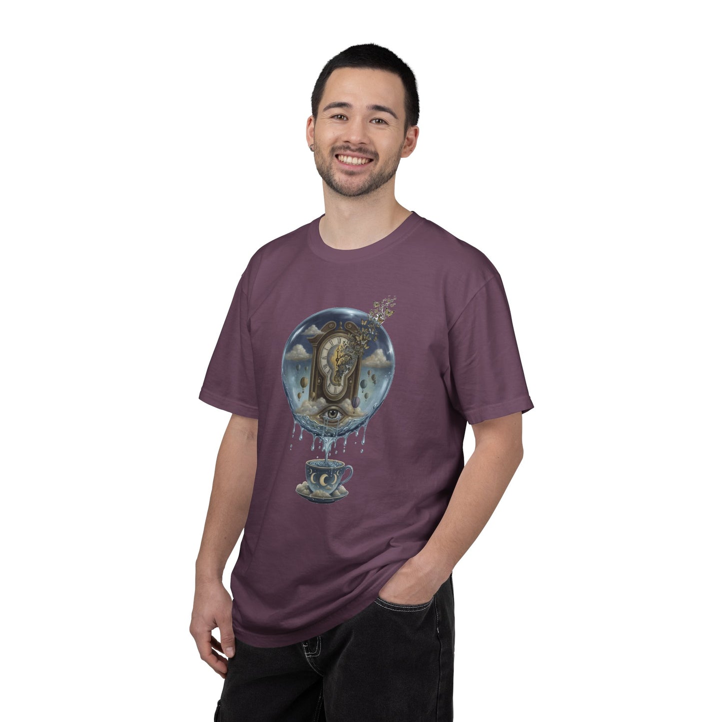 Surreal Tea Time T-Shirt — Dreamscape Cup & Floating Clock Graphic