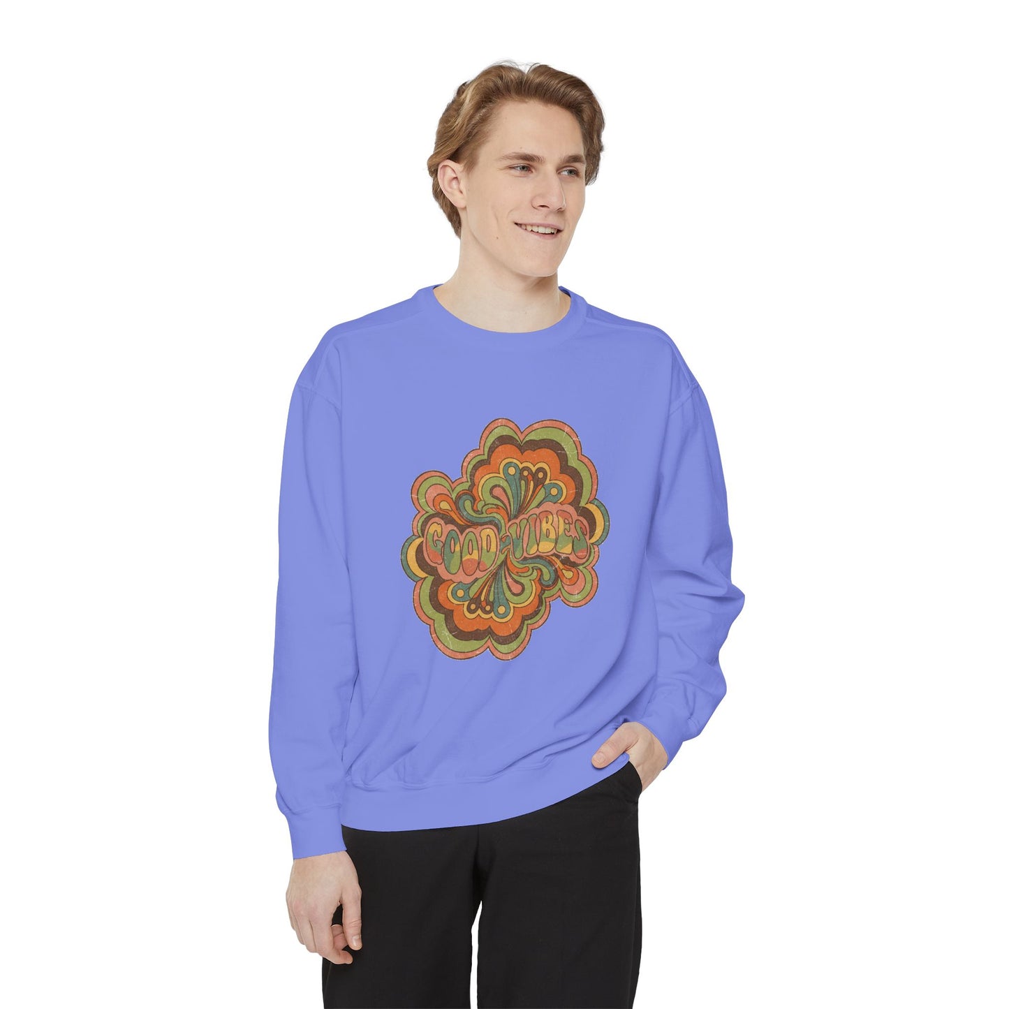 Retro 'Good Vibes' Garment-Dyed Sweatshirt — Vintage Mushroom Graphic