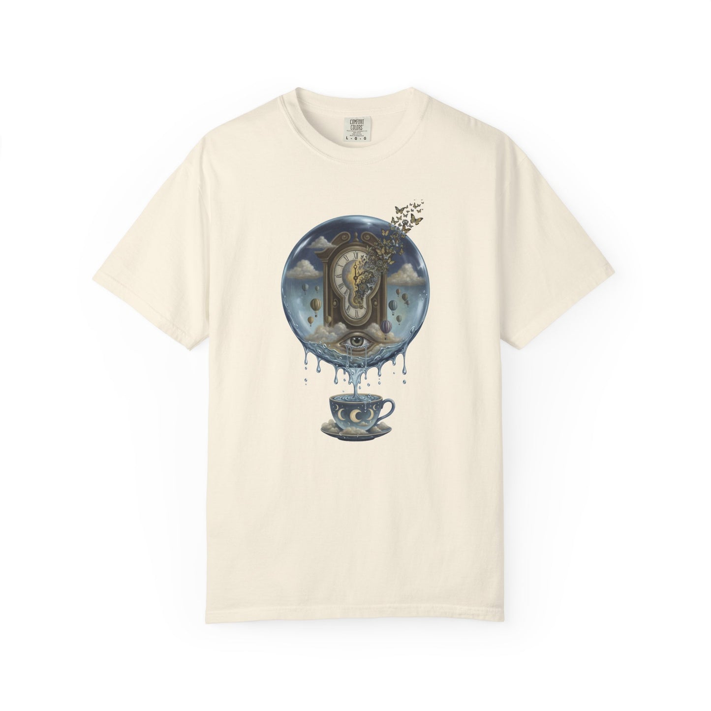 Surreal Tea Time T-Shirt — Dreamscape Cup & Floating Clock Graphic