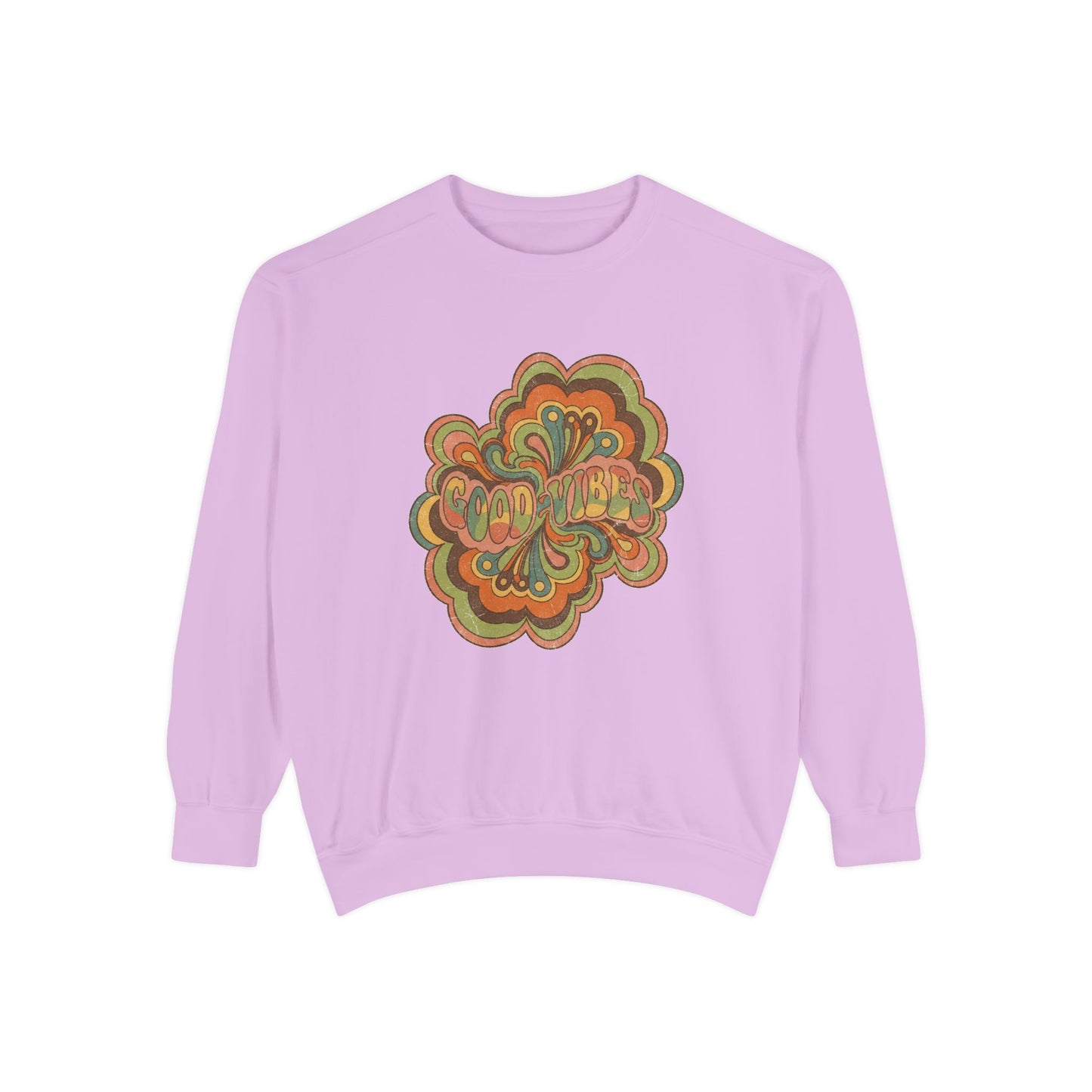 Retro 'Good Vibes' Garment-Dyed Sweatshirt — Vintage Mushroom Graphic