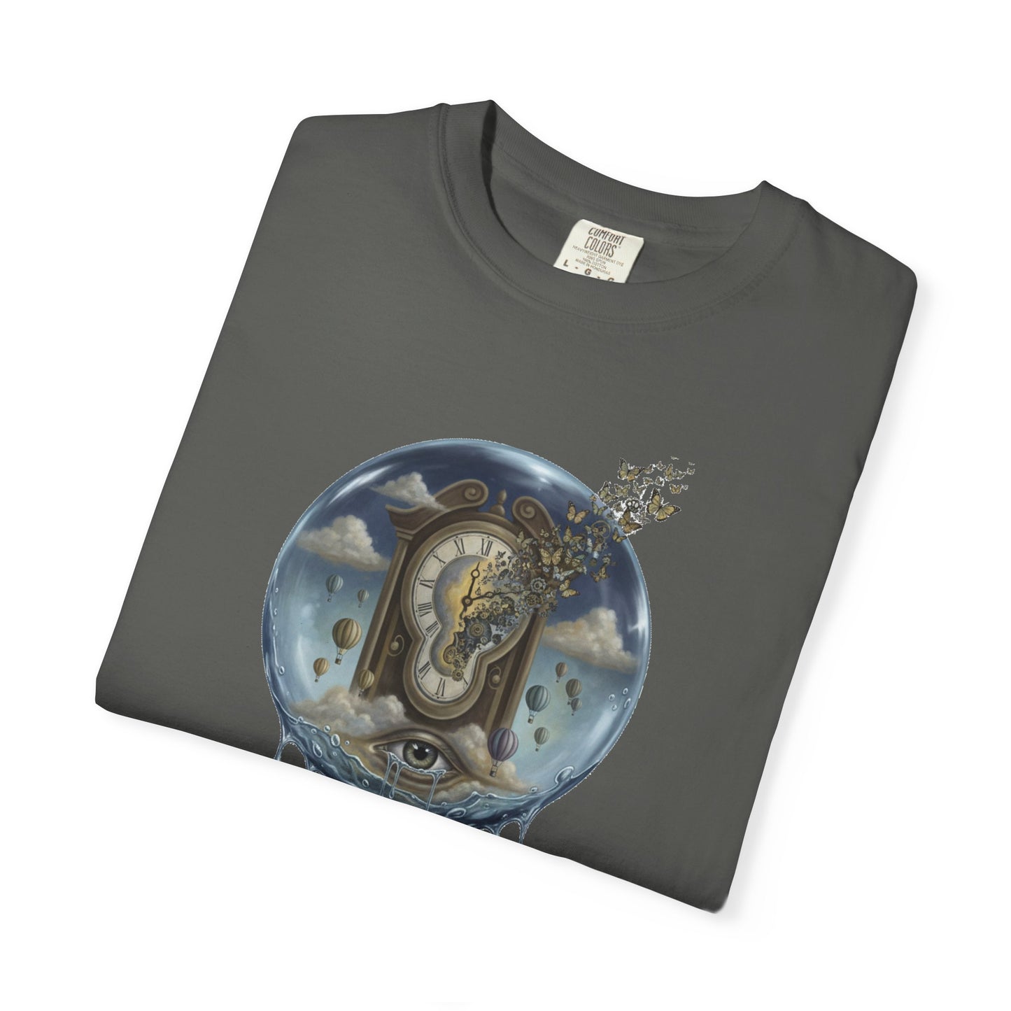 Surreal Tea Time T-Shirt — Dreamscape Cup & Floating Clock Graphic