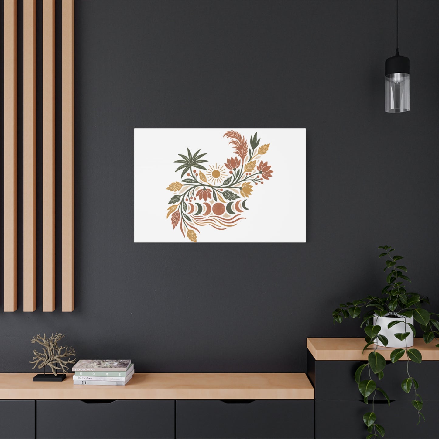 Boho Floral Moon Phase Canvas Print — Matte Stretched Wall Art