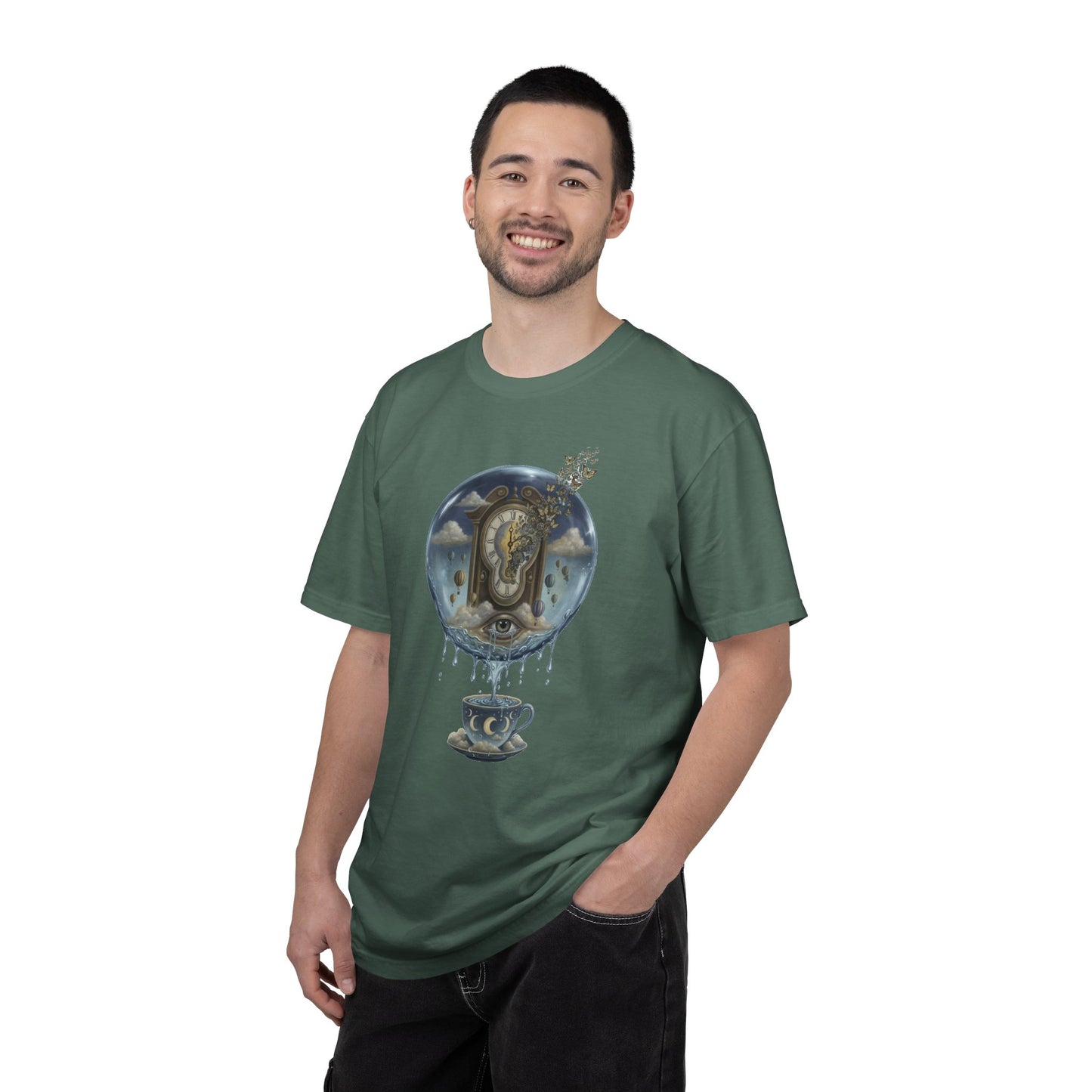 Surreal Tea Time T-Shirt — Dreamscape Cup & Floating Clock Graphic
