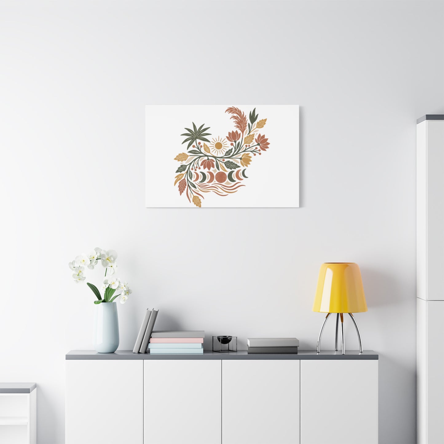 Boho Floral Moon Phase Canvas Print — Matte Stretched Wall Art