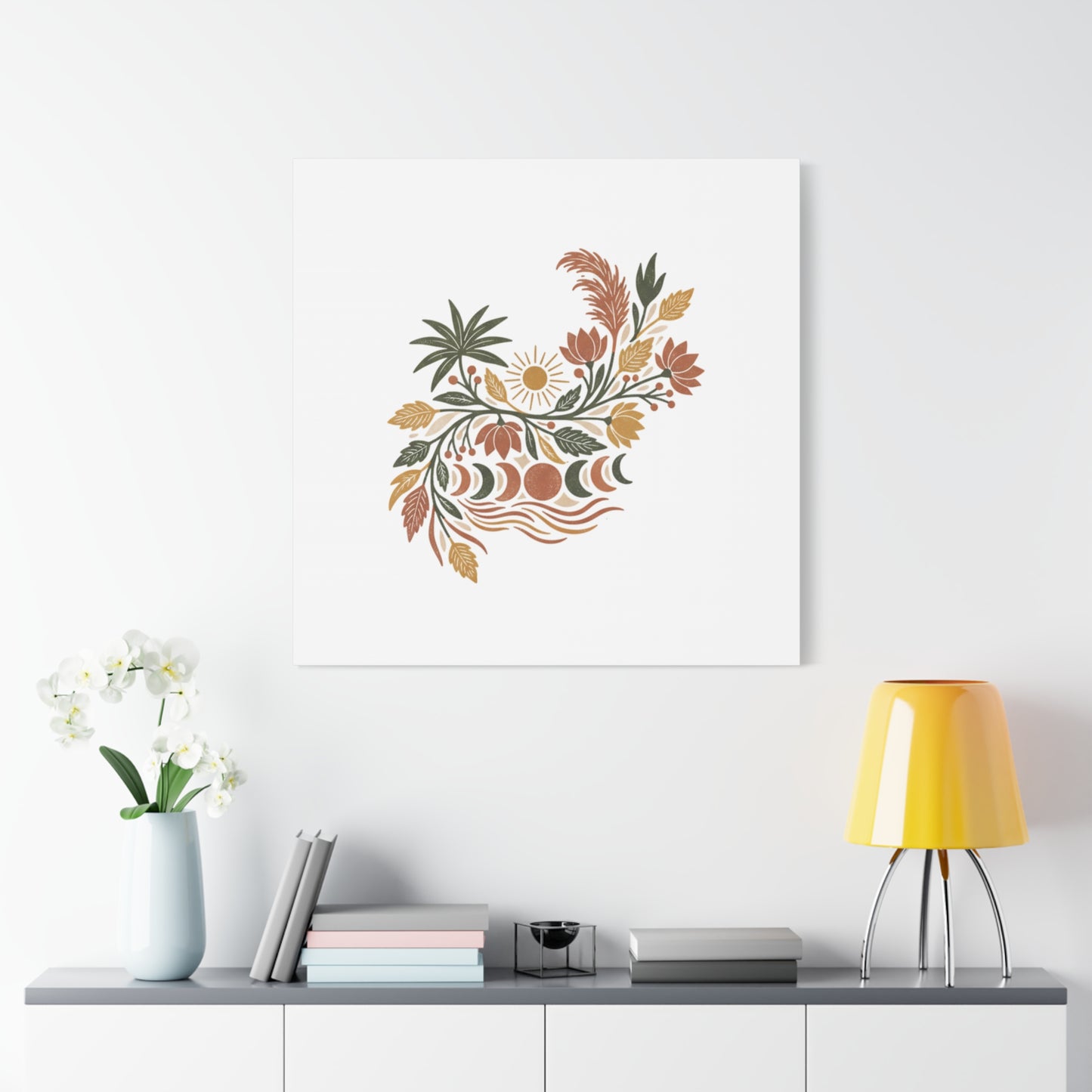 Boho Floral Moon Phase Canvas Print — Matte Stretched Wall Art