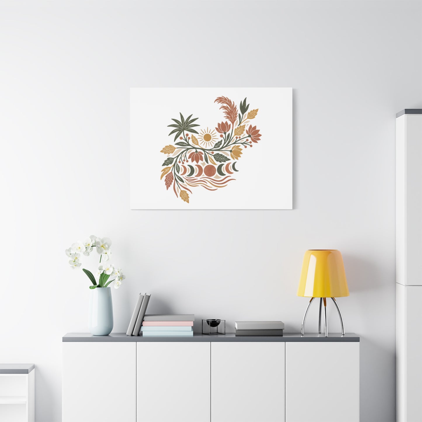 Boho Floral Moon Phase Canvas Print — Matte Stretched Wall Art