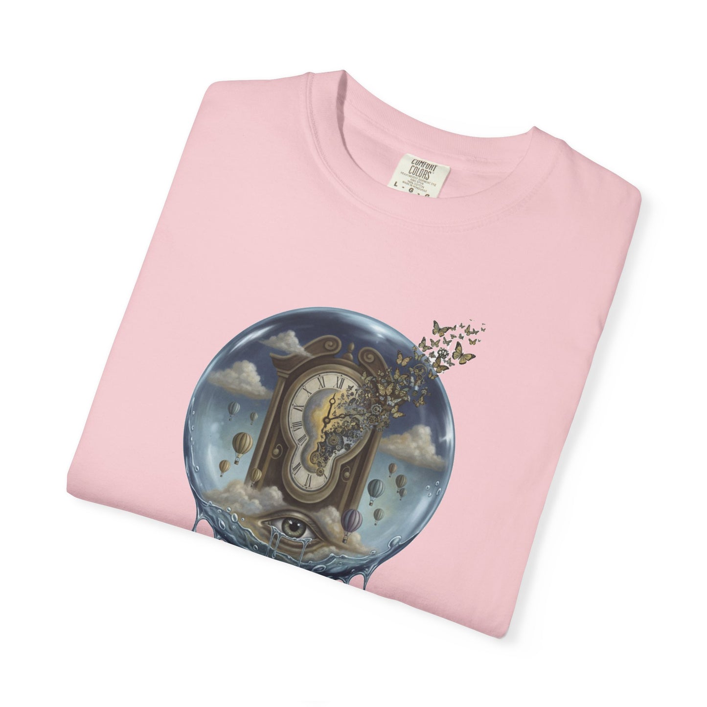 Surreal Tea Time T-Shirt — Dreamscape Cup & Floating Clock Graphic