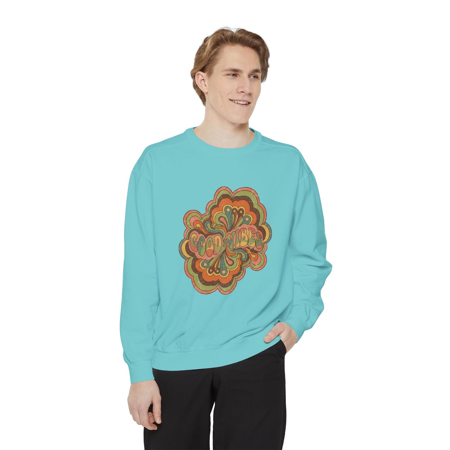 Retro 'Good Vibes' Garment-Dyed Sweatshirt — Vintage Mushroom Graphic