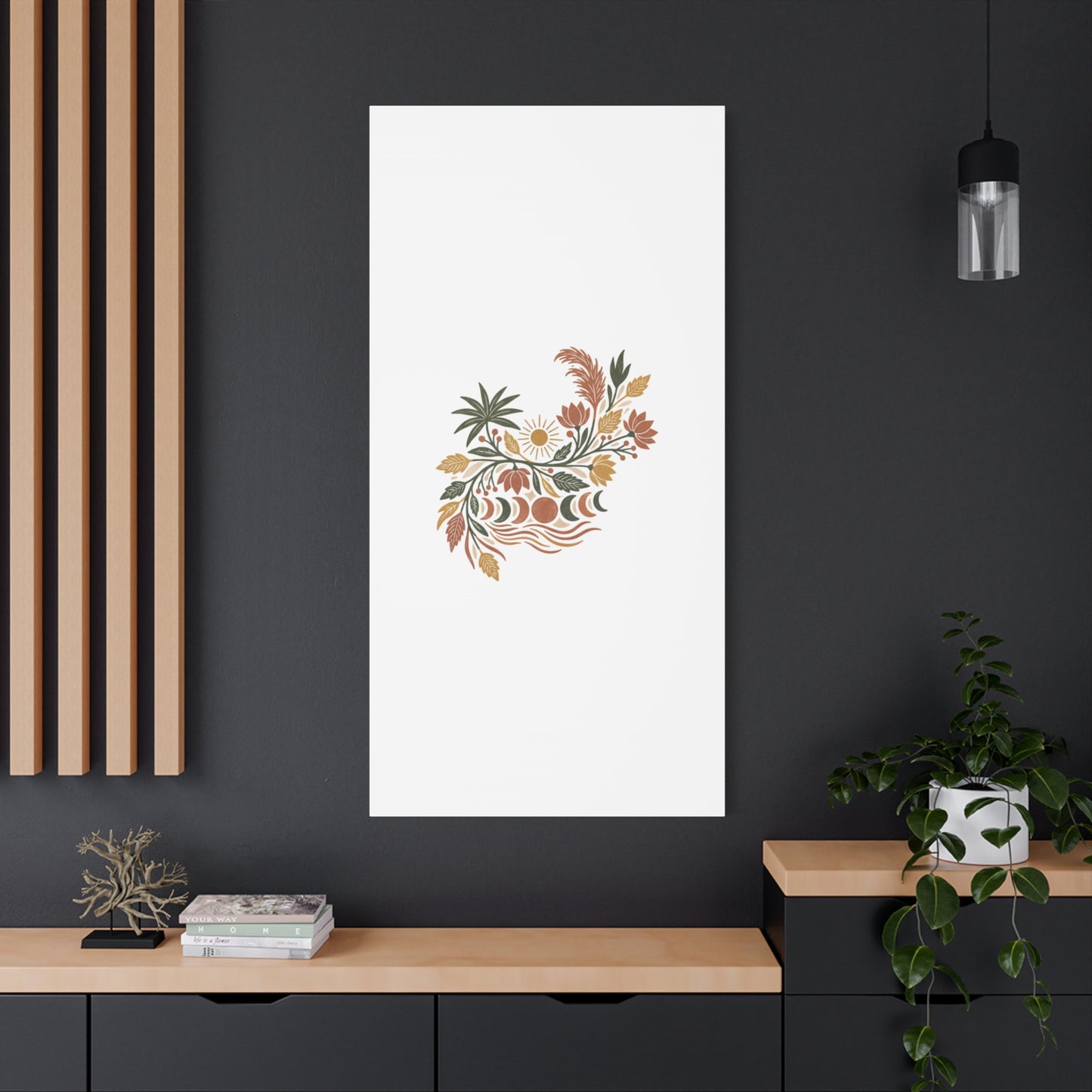 Boho Floral Moon Phase Canvas Print — Matte Stretched Wall Art