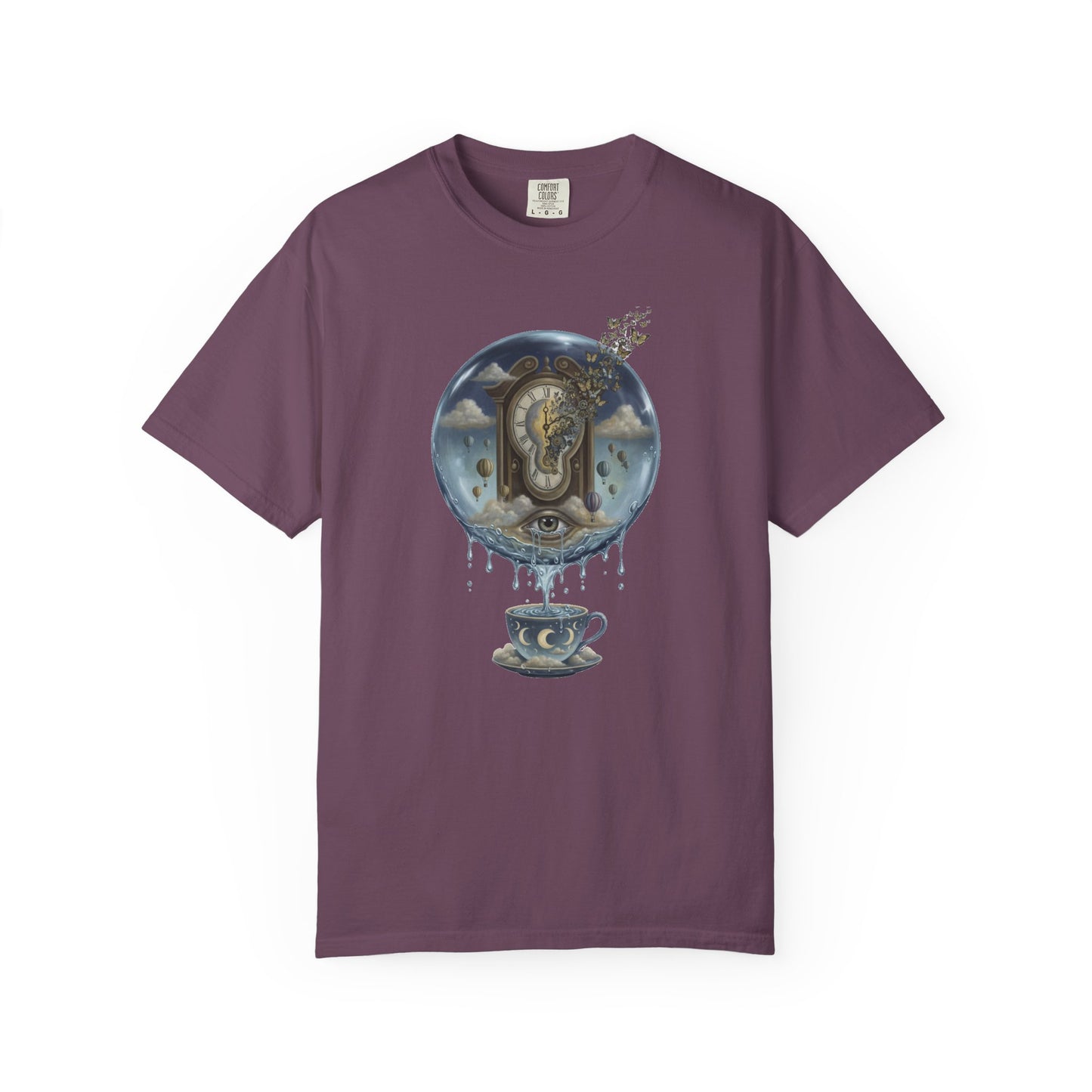 Surreal Tea Time T-Shirt — Dreamscape Cup & Floating Clock Graphic