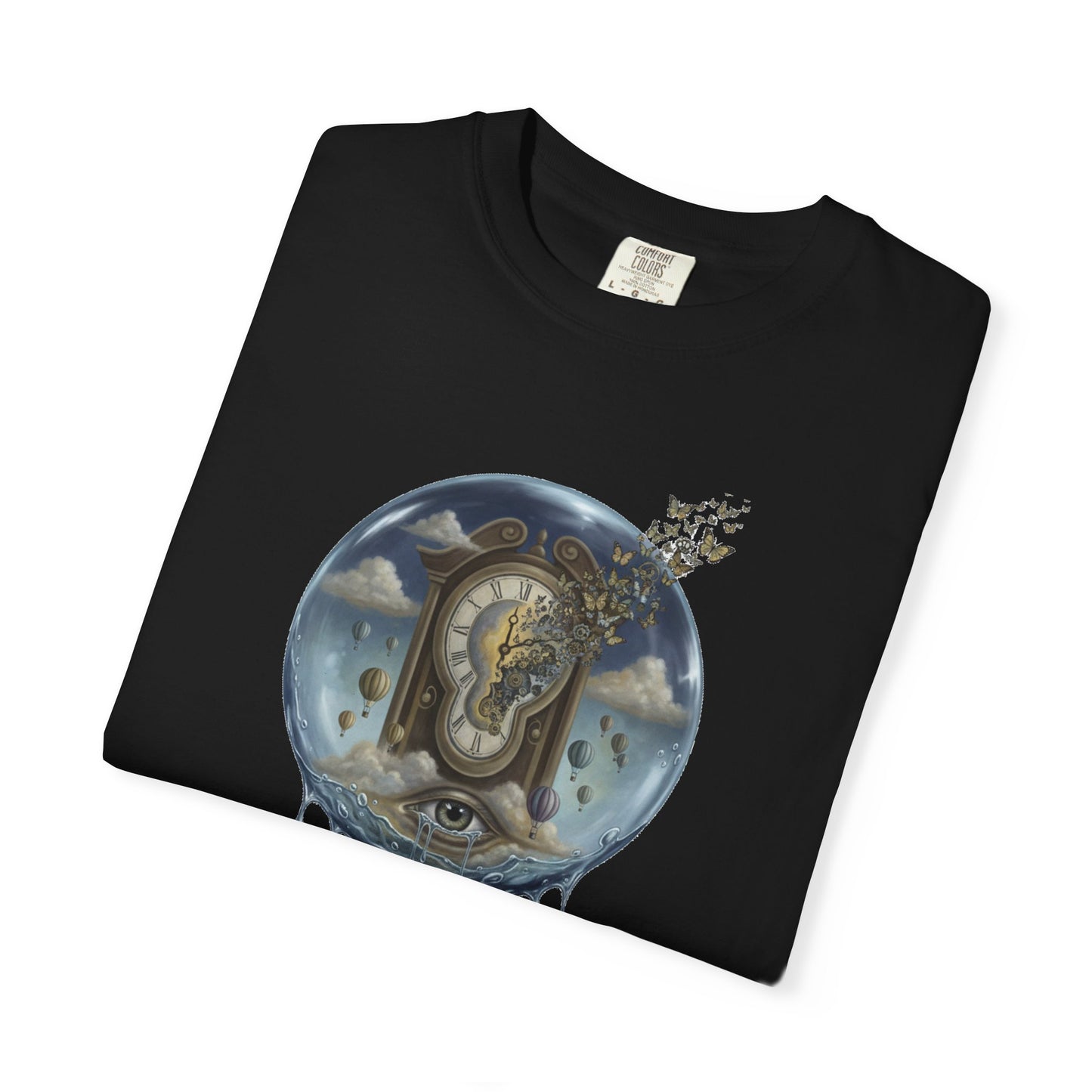 Surreal Tea Time T-Shirt — Dreamscape Cup & Floating Clock Graphic