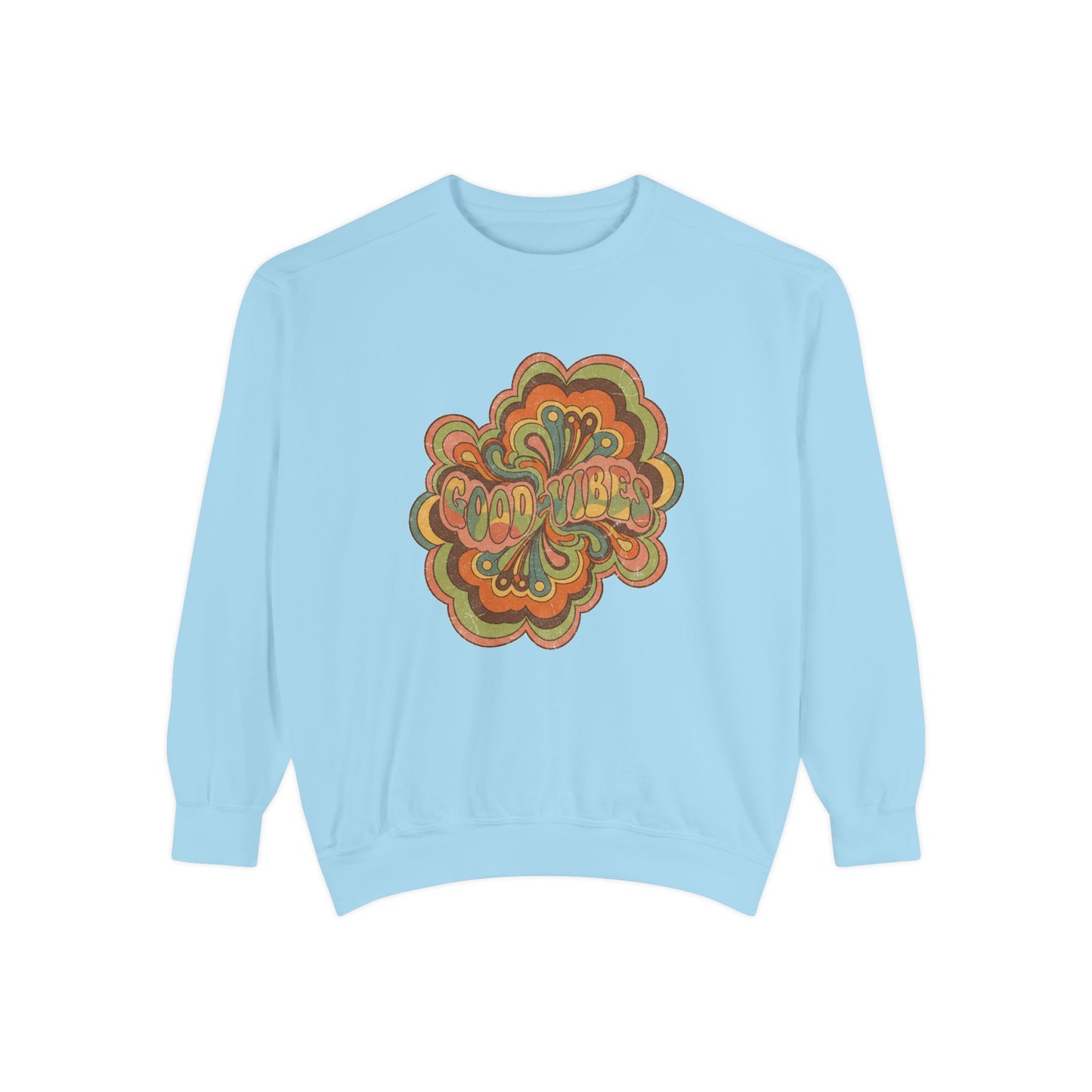 Retro 'Good Vibes' Garment-Dyed Sweatshirt — Vintage Mushroom Graphic