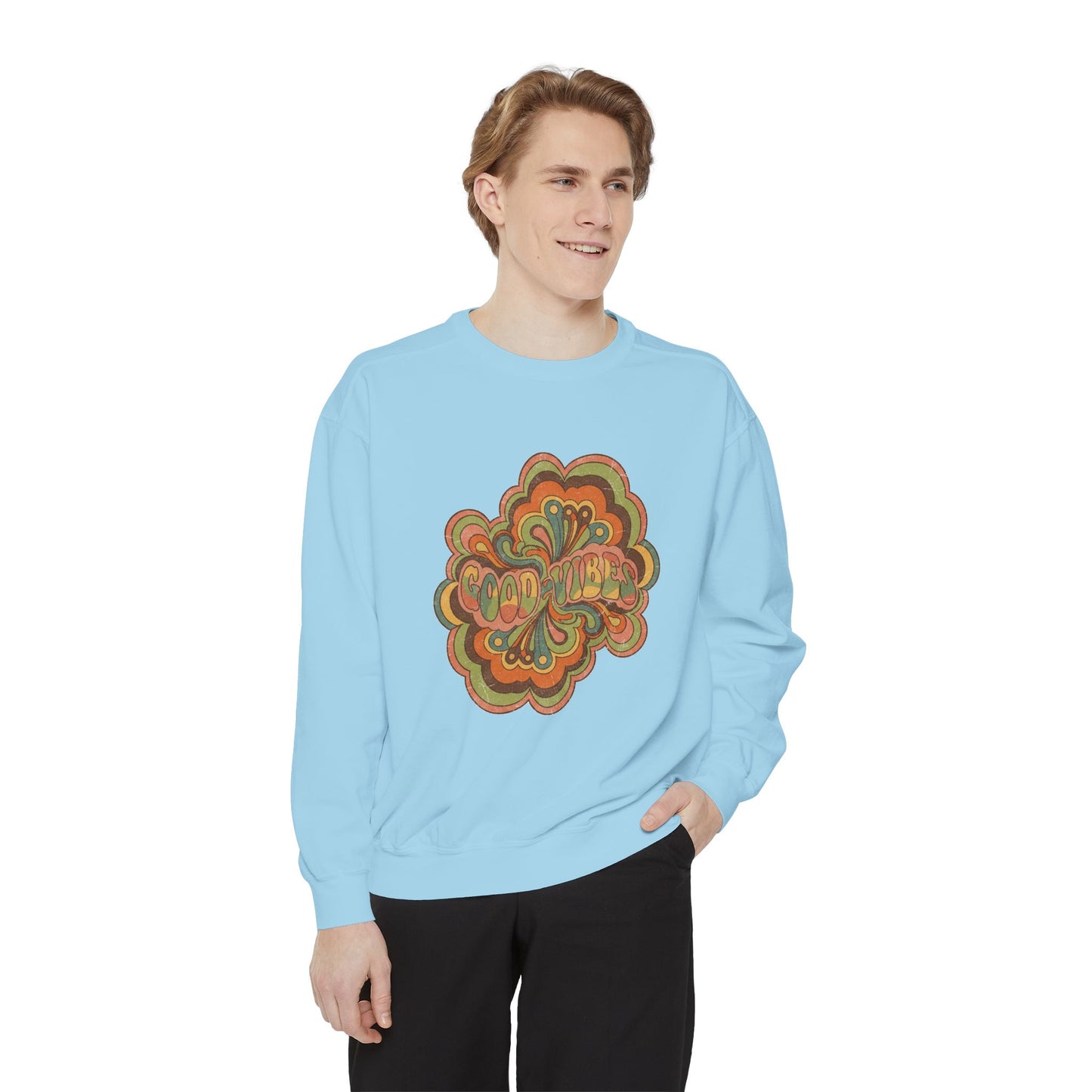 Retro 'Good Vibes' Garment-Dyed Sweatshirt — Vintage Mushroom Graphic