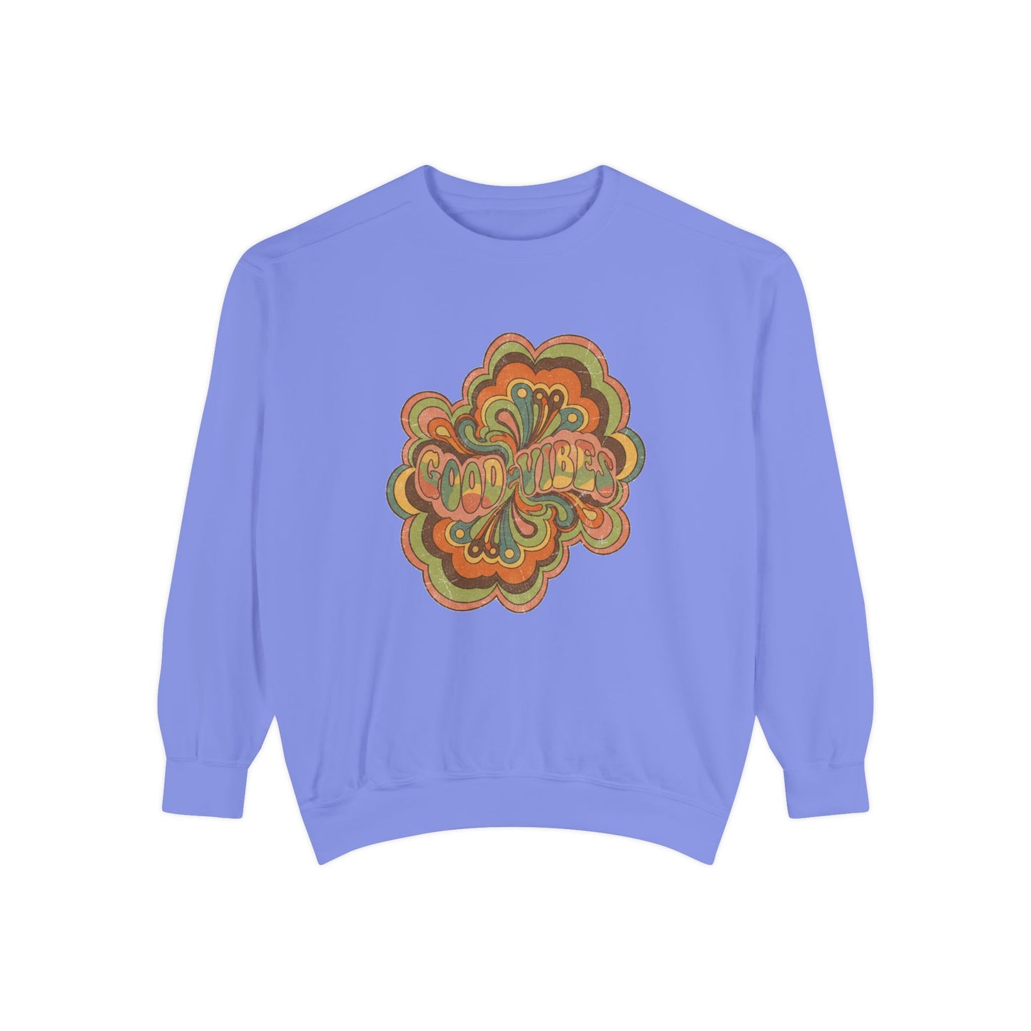 Retro 'Good Vibes' Garment-Dyed Sweatshirt — Vintage Mushroom Graphic