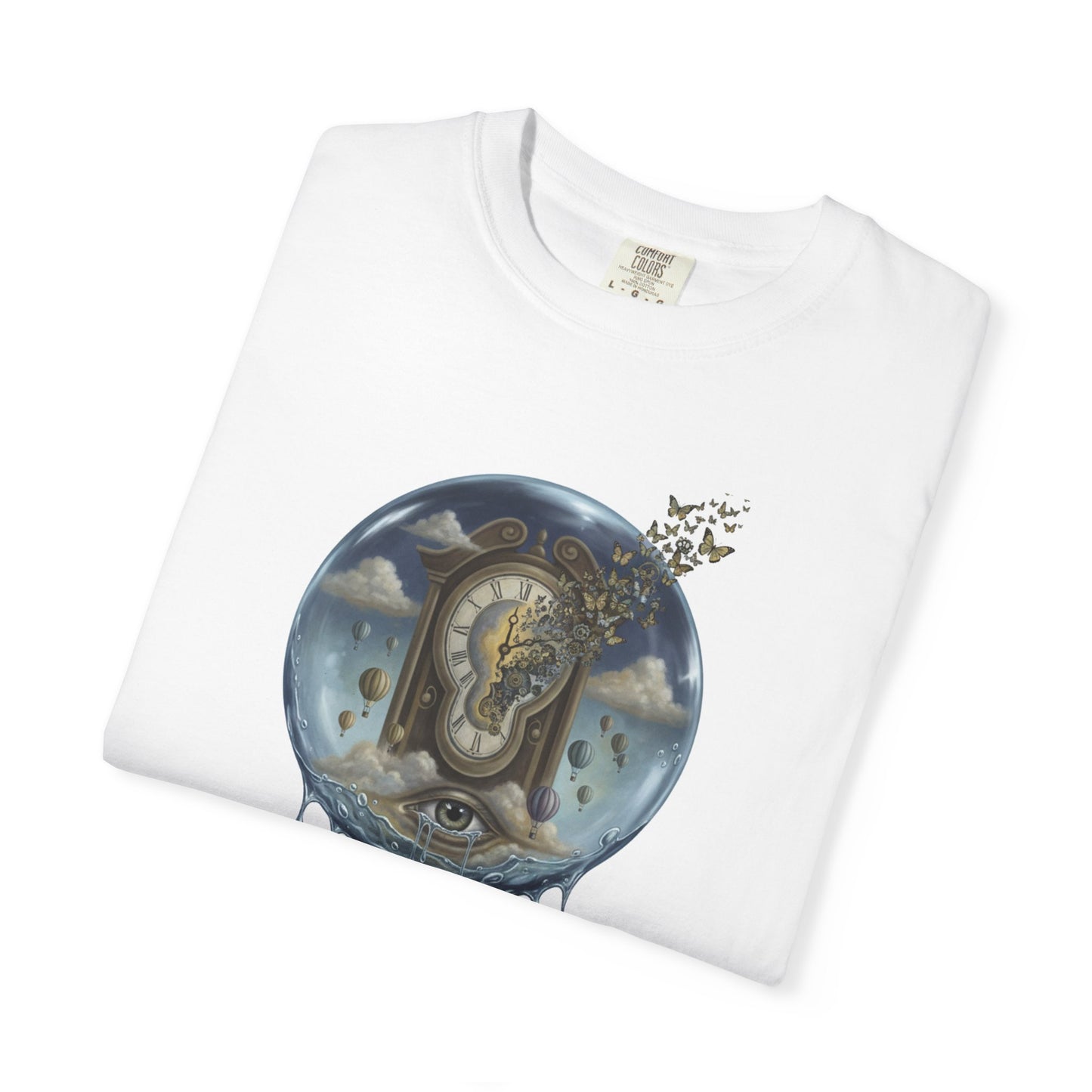 Surreal Tea Time T-Shirt — Dreamscape Cup & Floating Clock Graphic