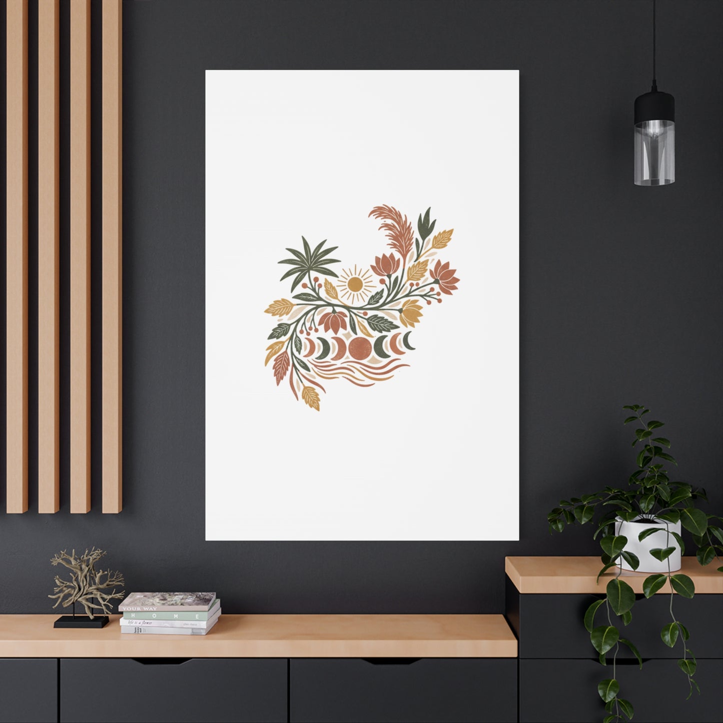 Boho Floral Moon Phase Canvas Print — Matte Stretched Wall Art