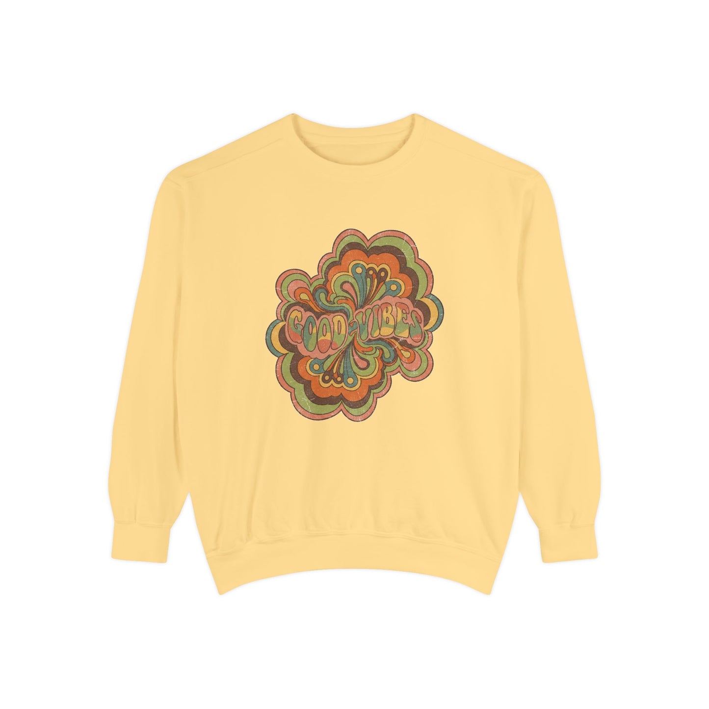 Retro 'Good Vibes' Garment-Dyed Sweatshirt — Vintage Mushroom Graphic