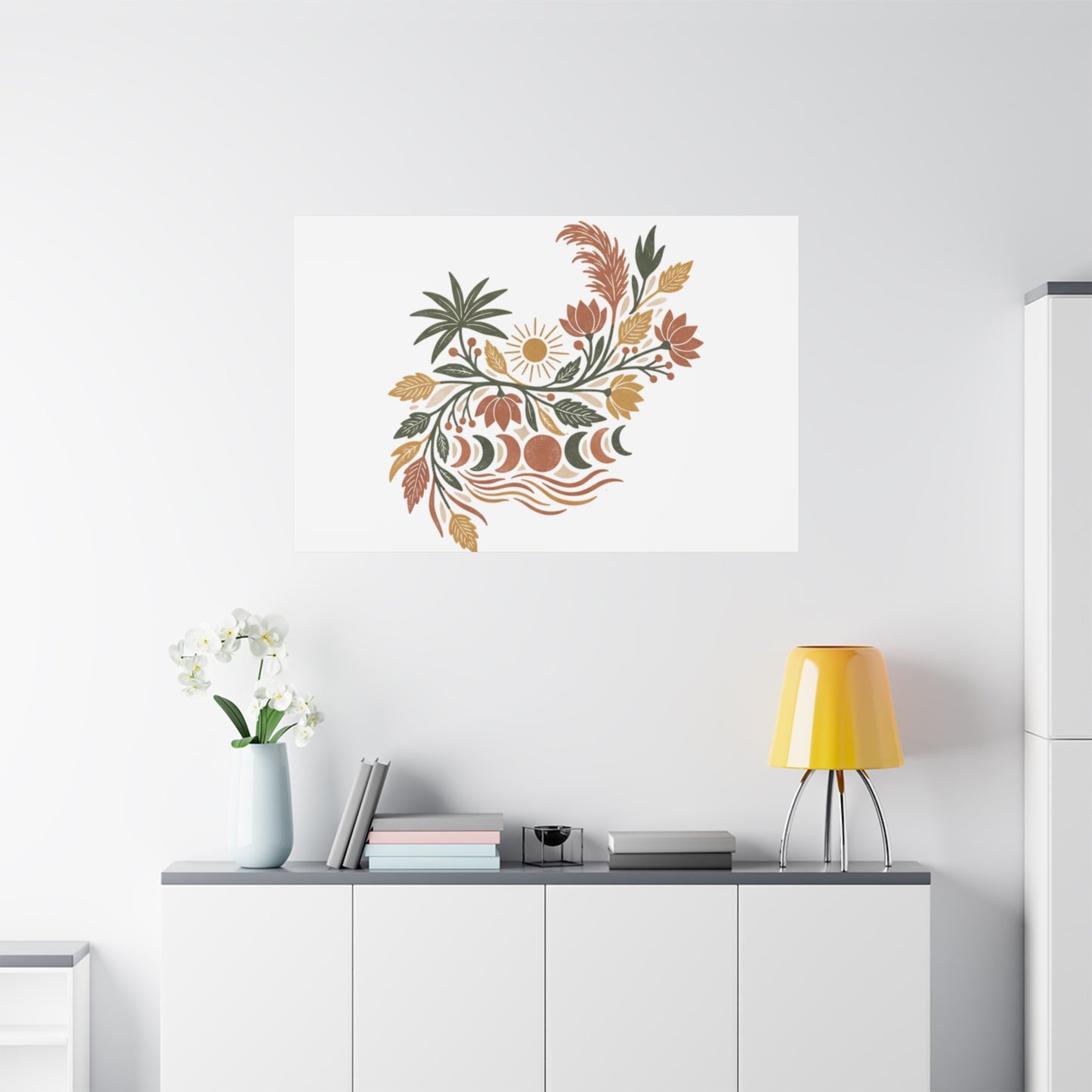 Boho Floral Moon Phase Canvas Print — Matte Stretched Wall Art