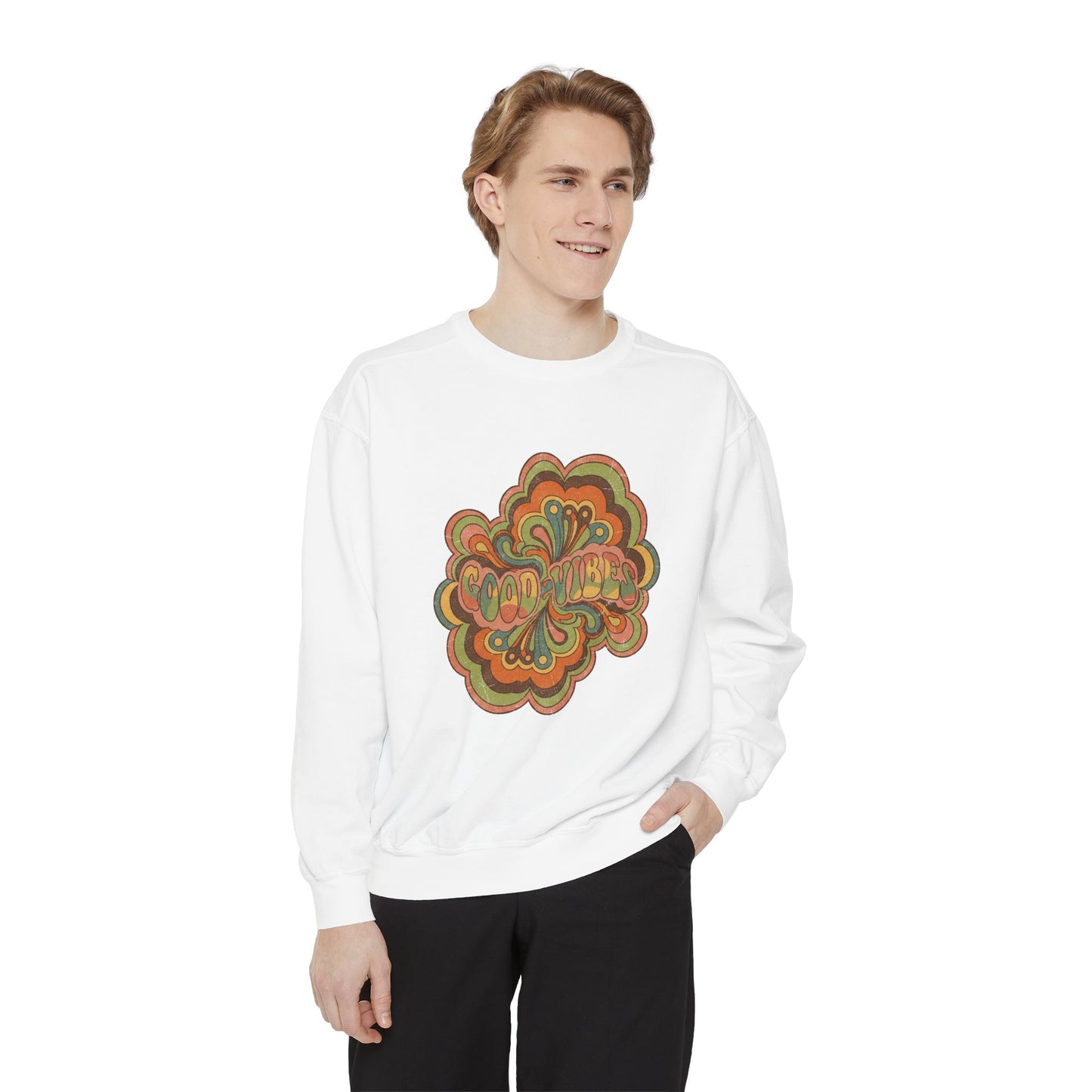 Retro 'Good Vibes' Garment-Dyed Sweatshirt — Vintage Mushroom Graphic
