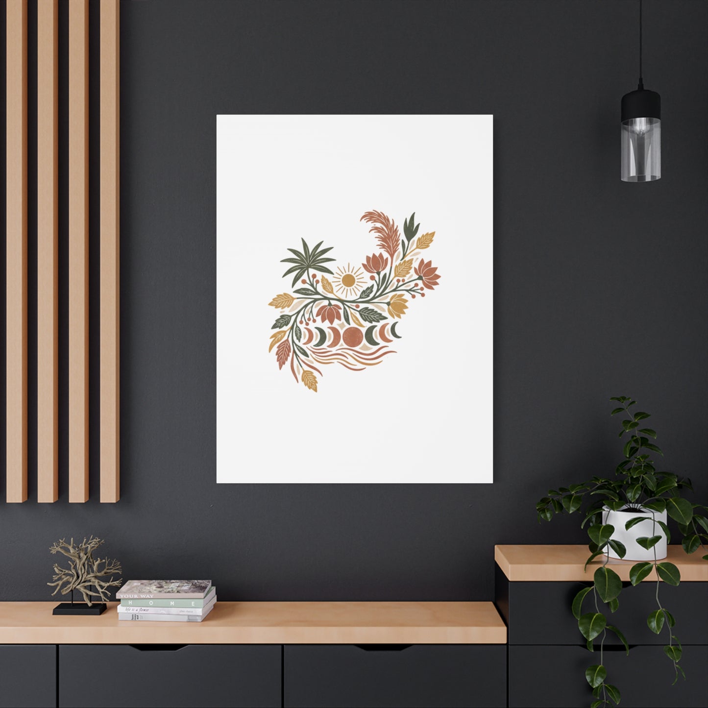 Boho Floral Moon Phase Canvas Print — Matte Stretched Wall Art