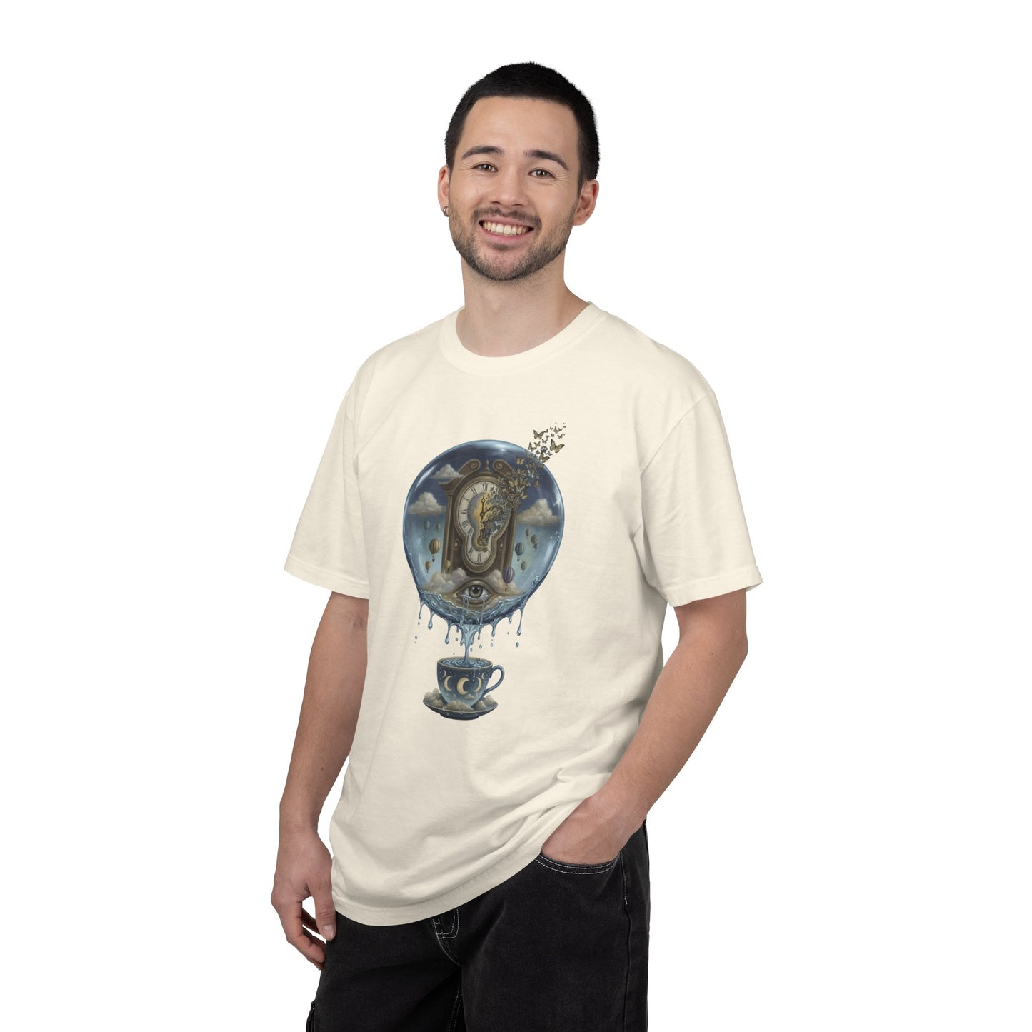 Surreal Tea Time T-Shirt — Dreamscape Cup & Floating Clock Graphic
