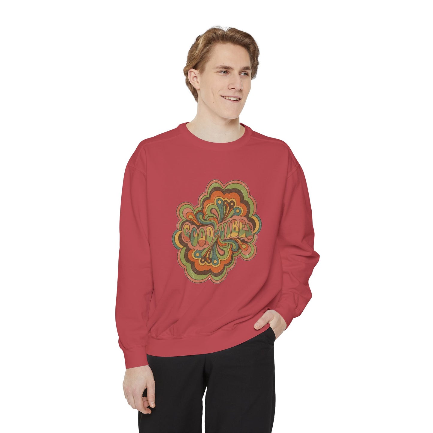 Retro 'Good Vibes' Garment-Dyed Sweatshirt — Vintage Mushroom Graphic