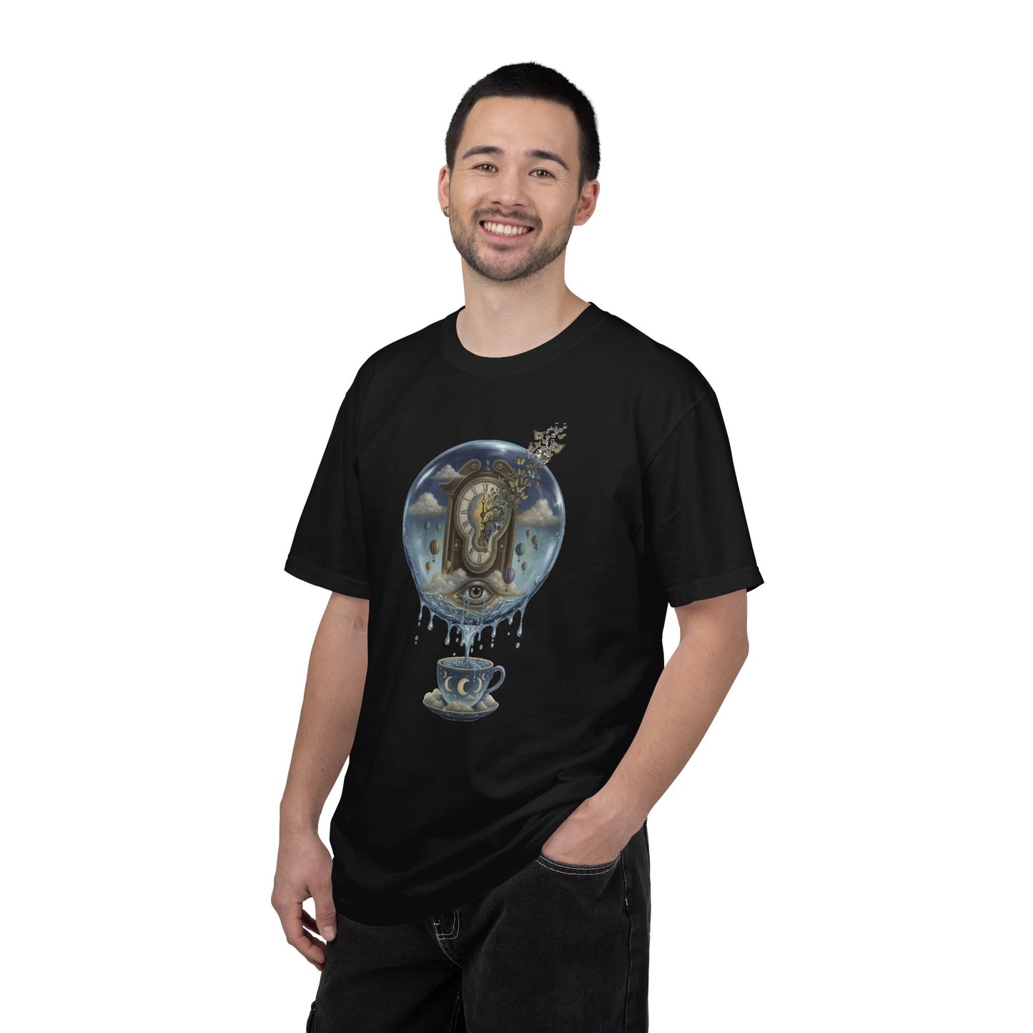 Surreal Tea Time T-Shirt — Dreamscape Cup & Floating Clock Graphic