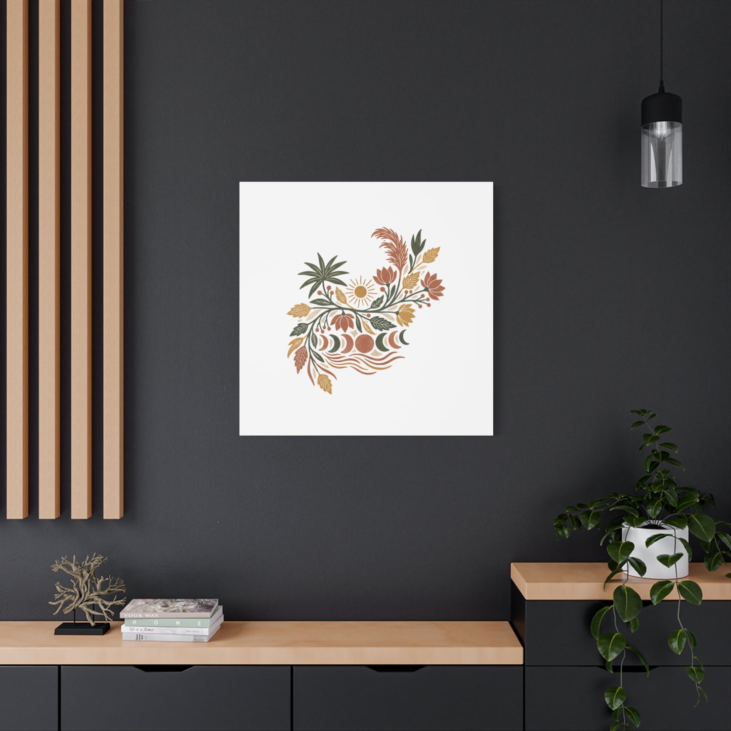 Boho Floral Moon Phase Canvas Print — Matte Stretched Wall Art