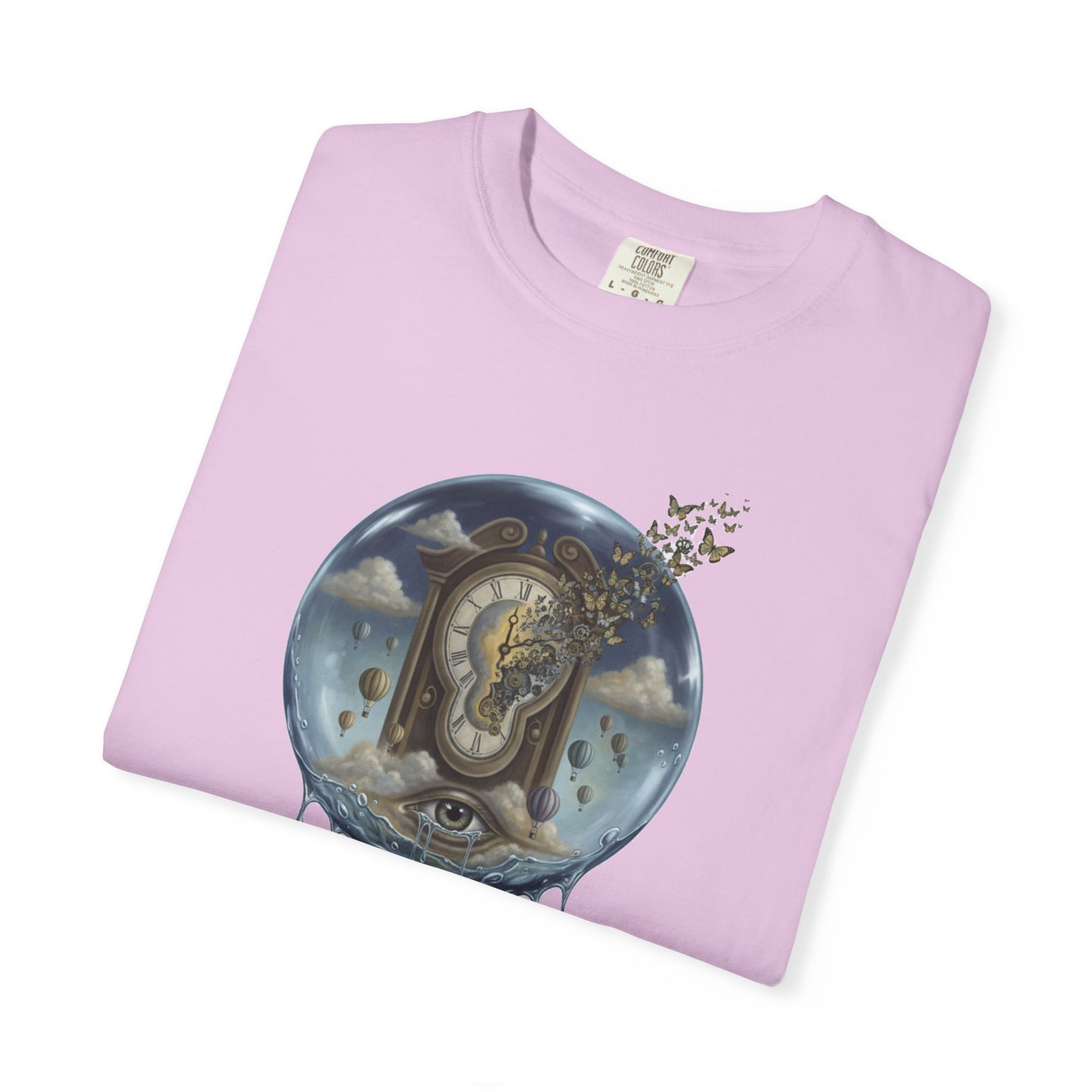 Surreal Tea Time T-Shirt — Dreamscape Cup & Floating Clock Graphic