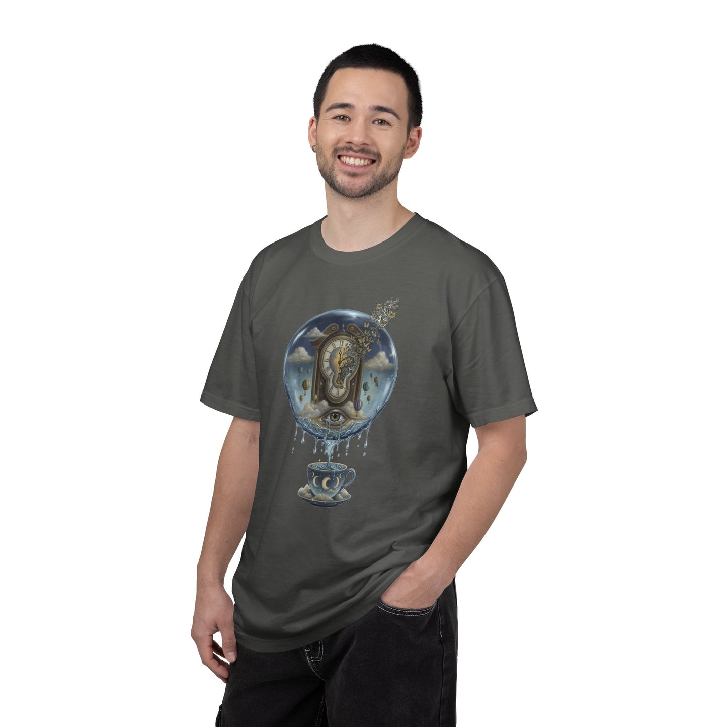 Surreal Tea Time T-Shirt — Dreamscape Cup & Floating Clock Graphic