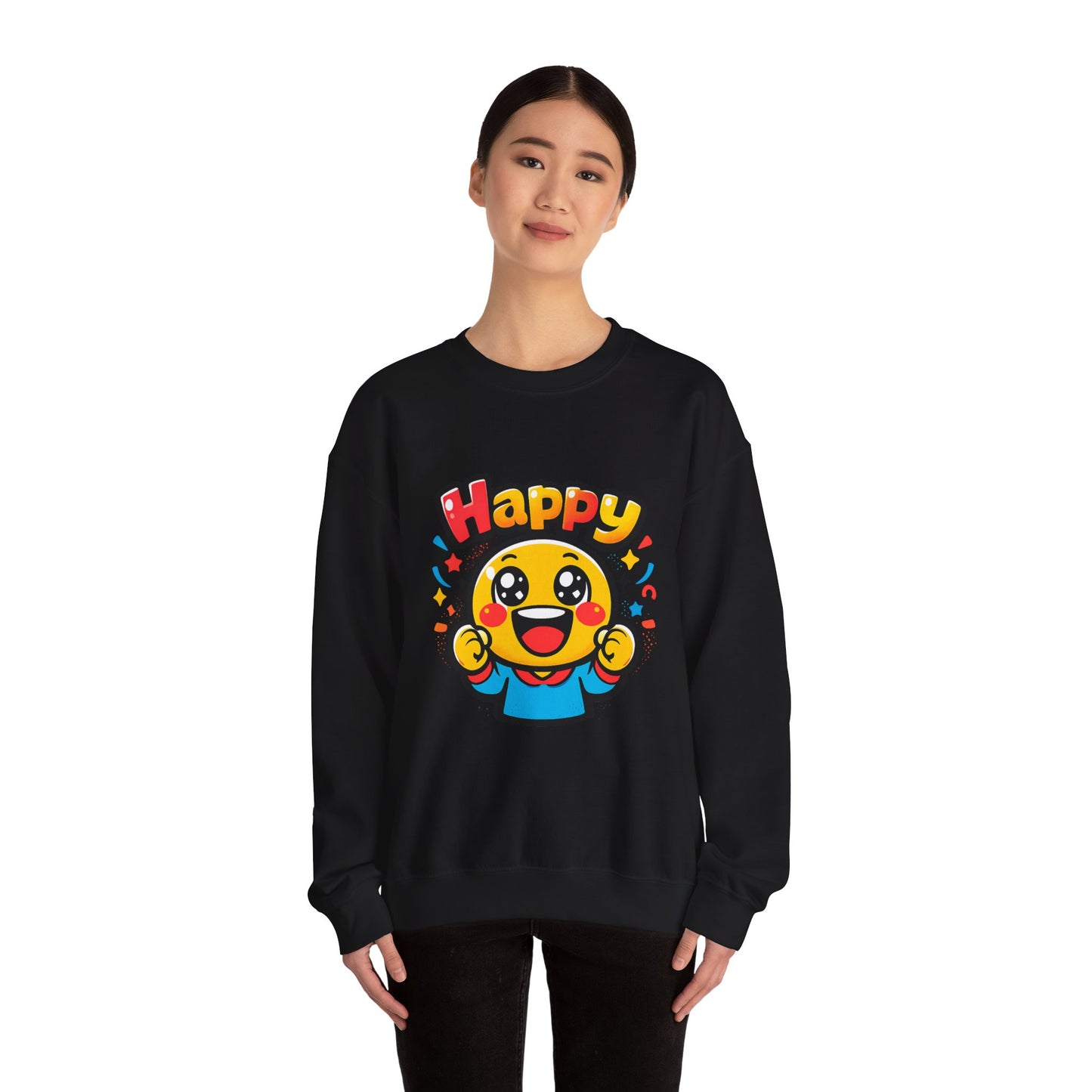Happy Emoji Cartoon Crewneck Sweatshirt | kawaii minimal, thick outline
