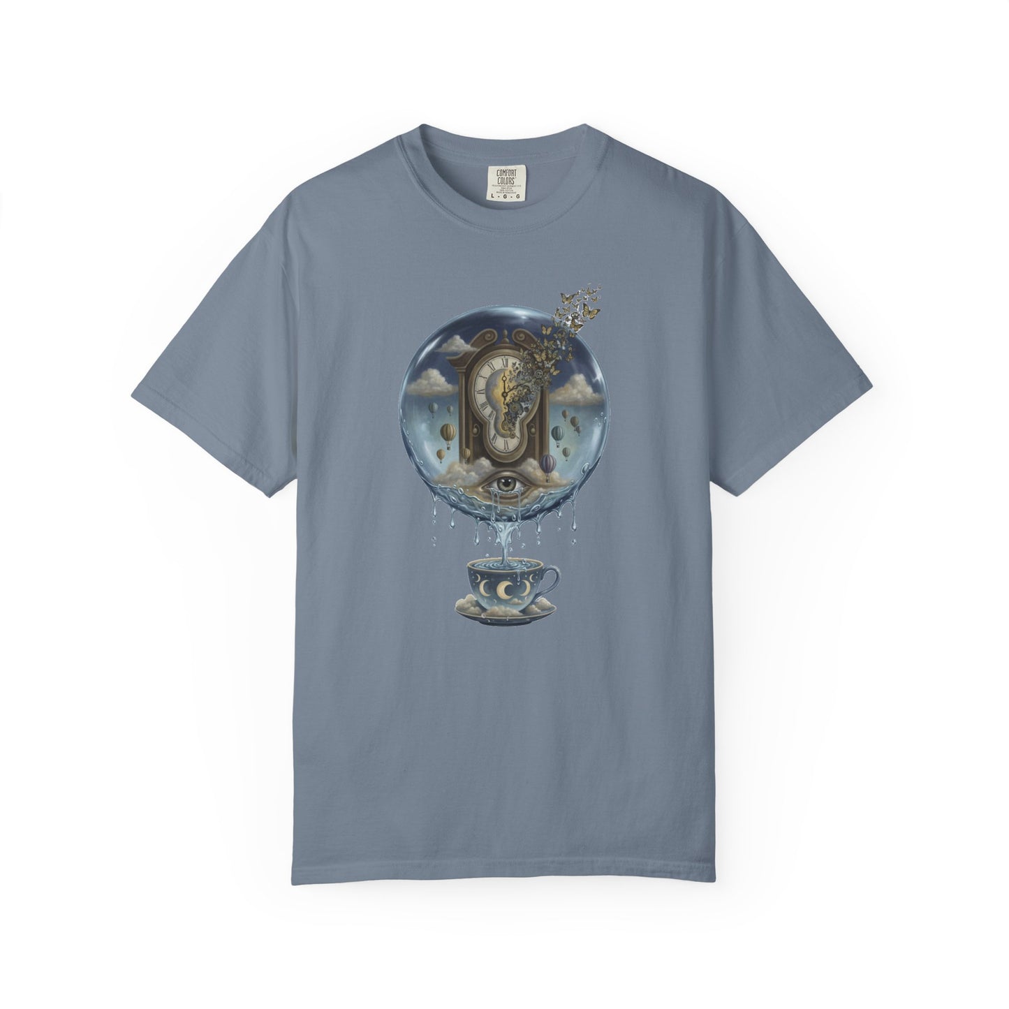 Surreal Tea Time T-Shirt — Dreamscape Cup & Floating Clock Graphic