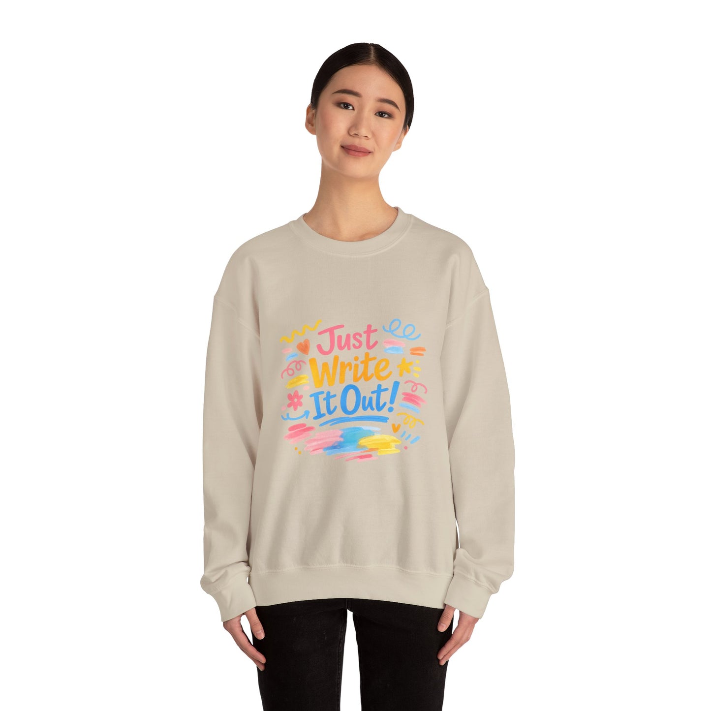 Just Write It Out, hand-drawn marker doodle crewneck sweatshirt | sketchbook style