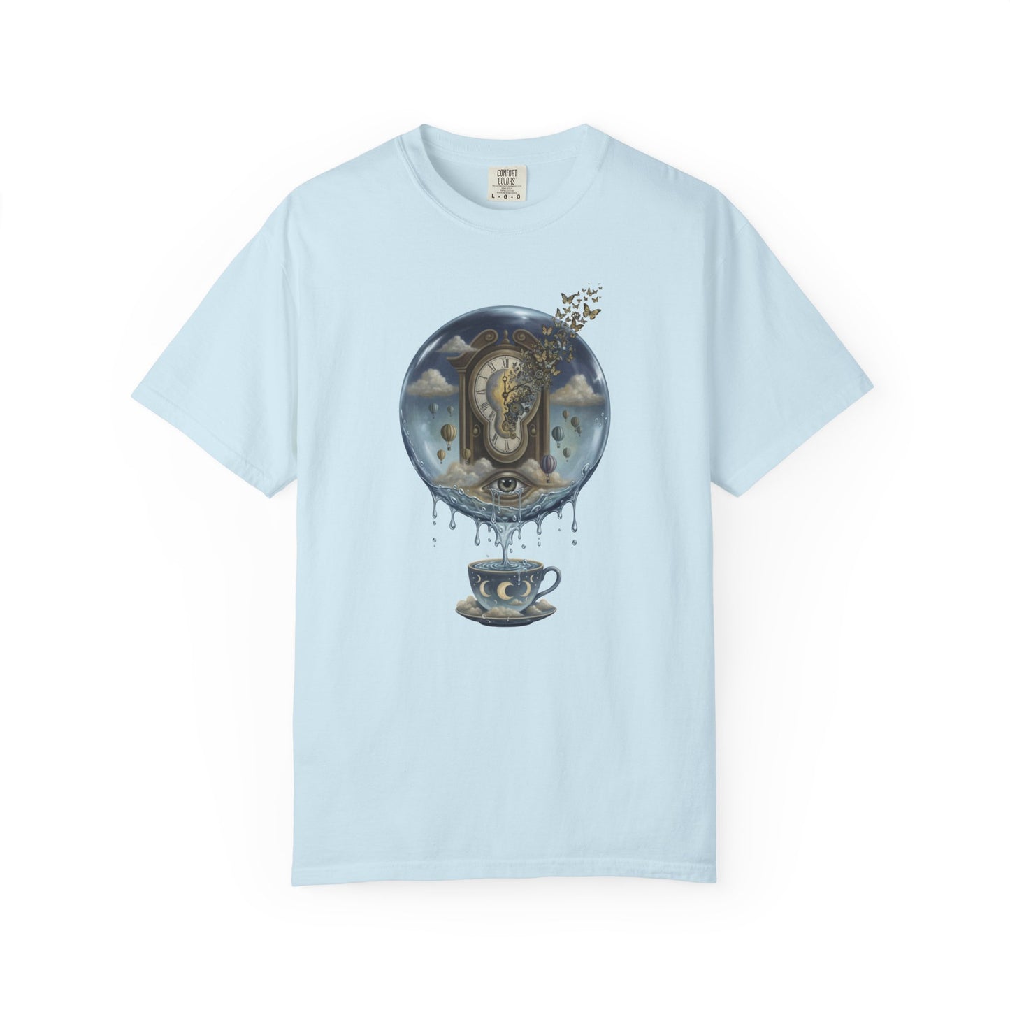 Surreal Tea Time T-Shirt — Dreamscape Cup & Floating Clock Graphic