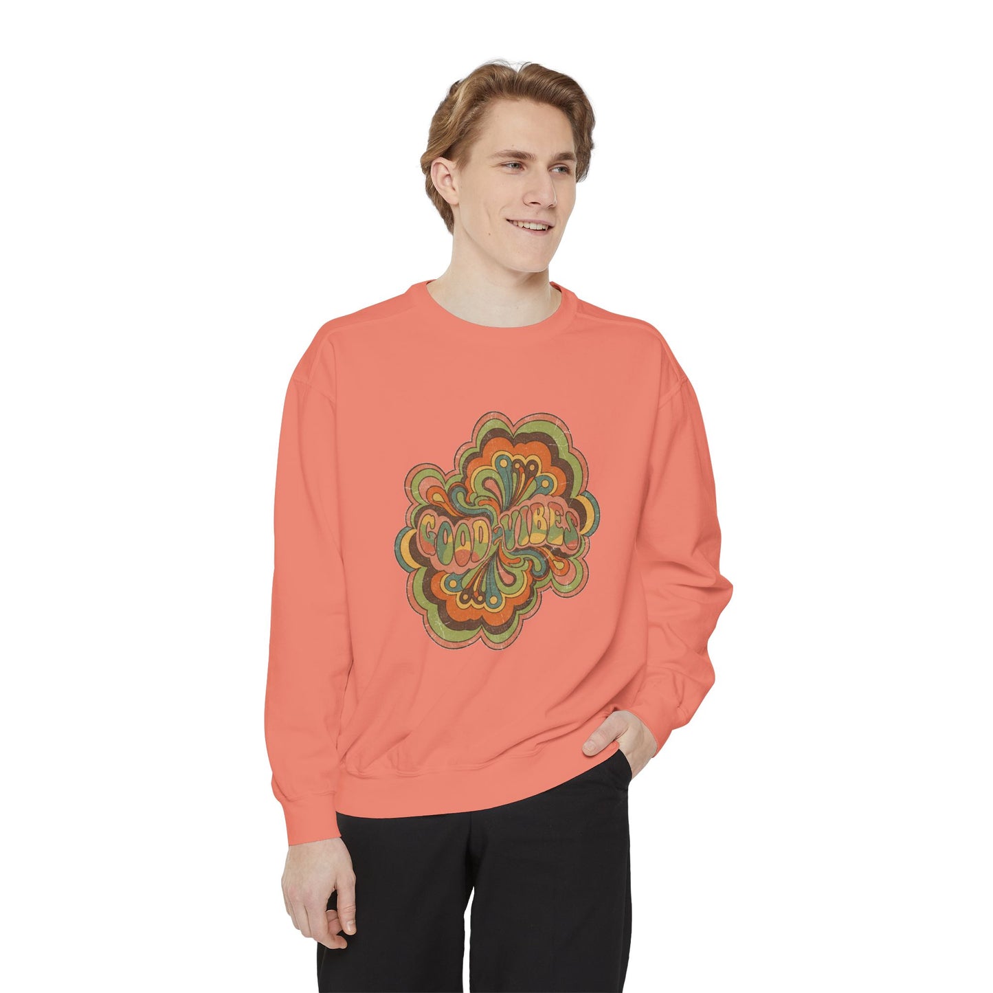 Retro 'Good Vibes' Garment-Dyed Sweatshirt — Vintage Mushroom Graphic