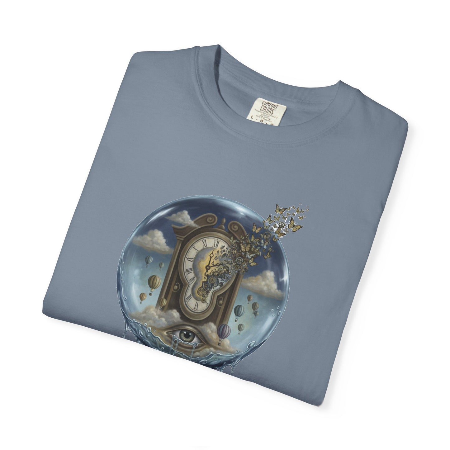 Surreal Tea Time T-Shirt — Dreamscape Cup & Floating Clock Graphic