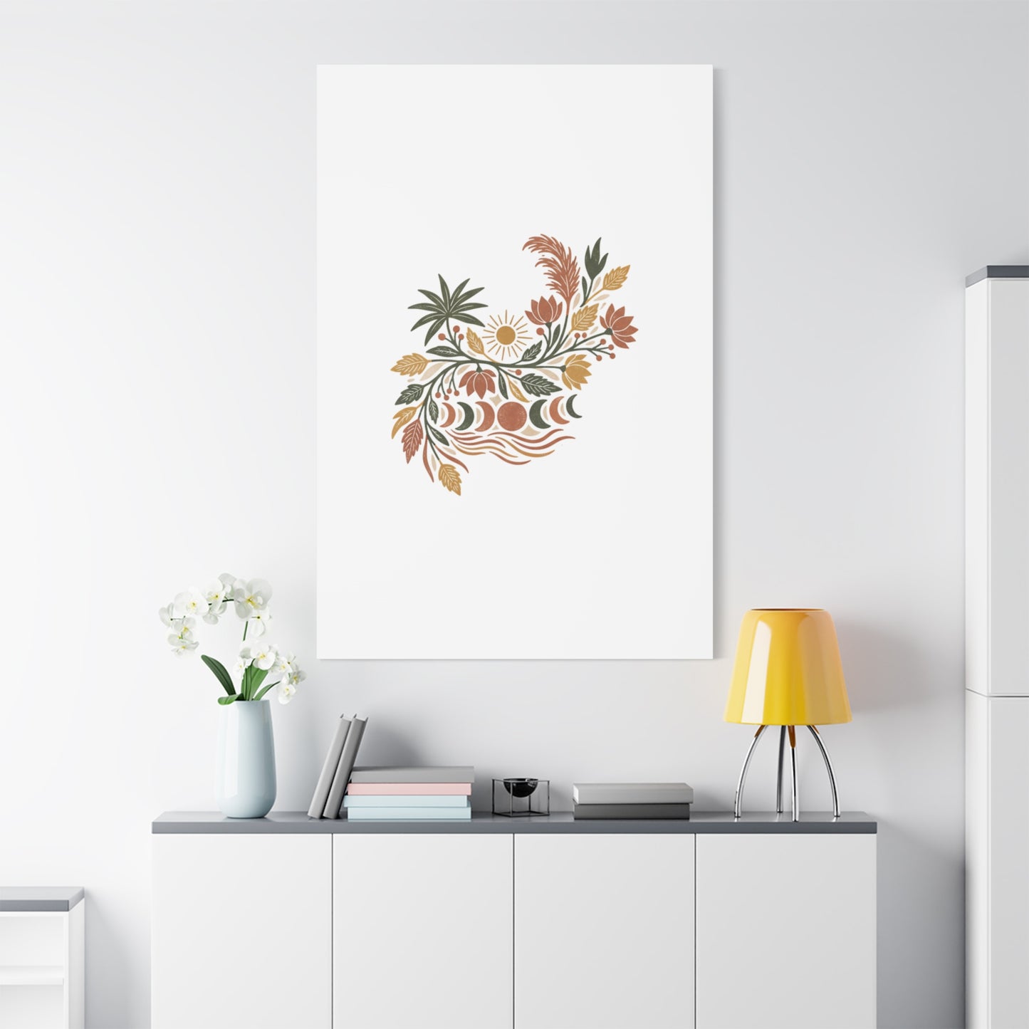 Boho Floral Moon Phase Canvas Print — Matte Stretched Wall Art