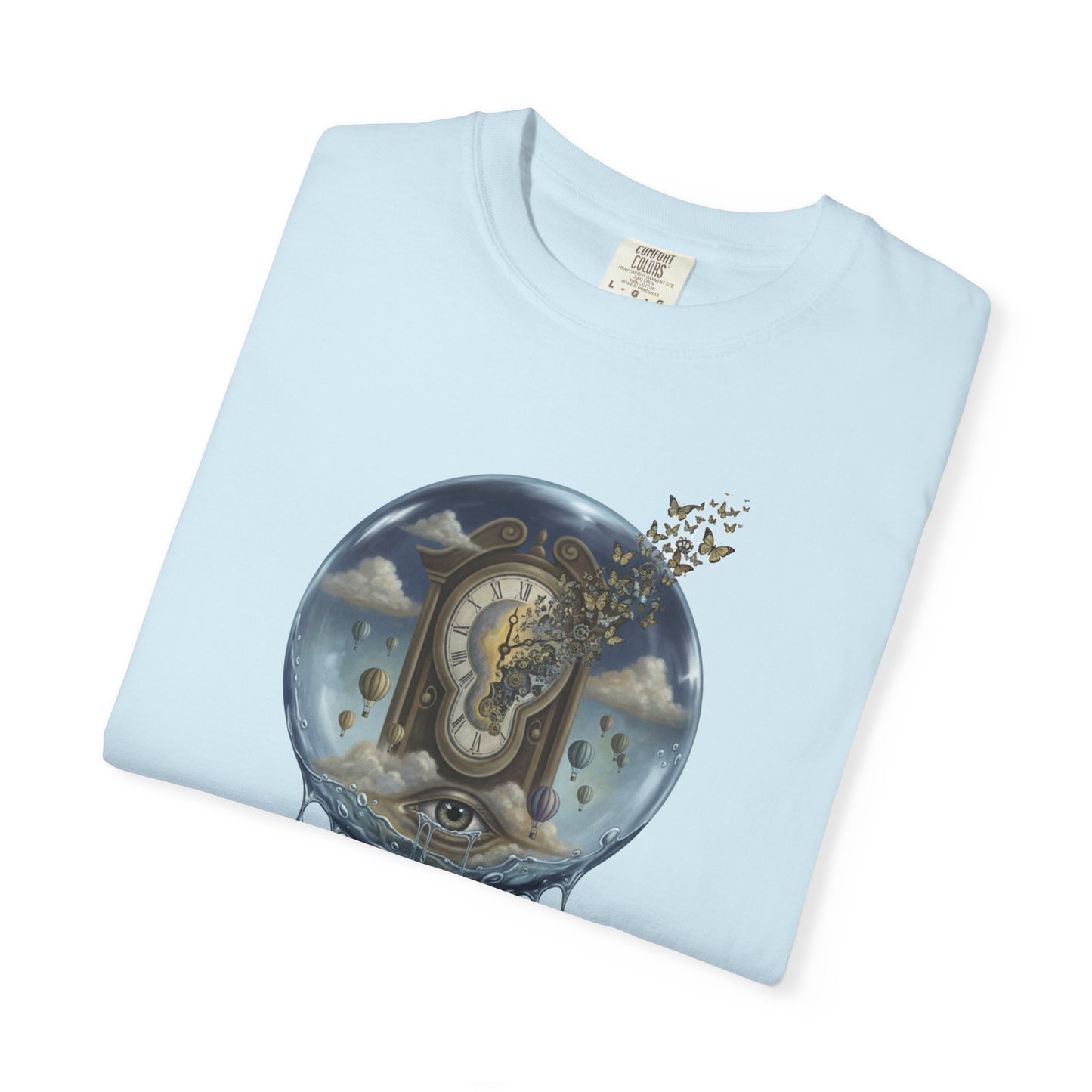 Surreal Tea Time T-Shirt — Dreamscape Cup & Floating Clock Graphic