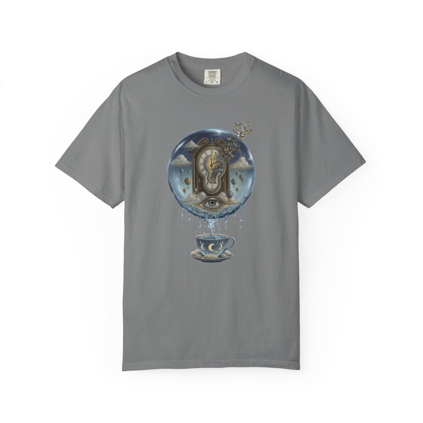 Surreal Tea Time T-Shirt — Dreamscape Cup & Floating Clock Graphic